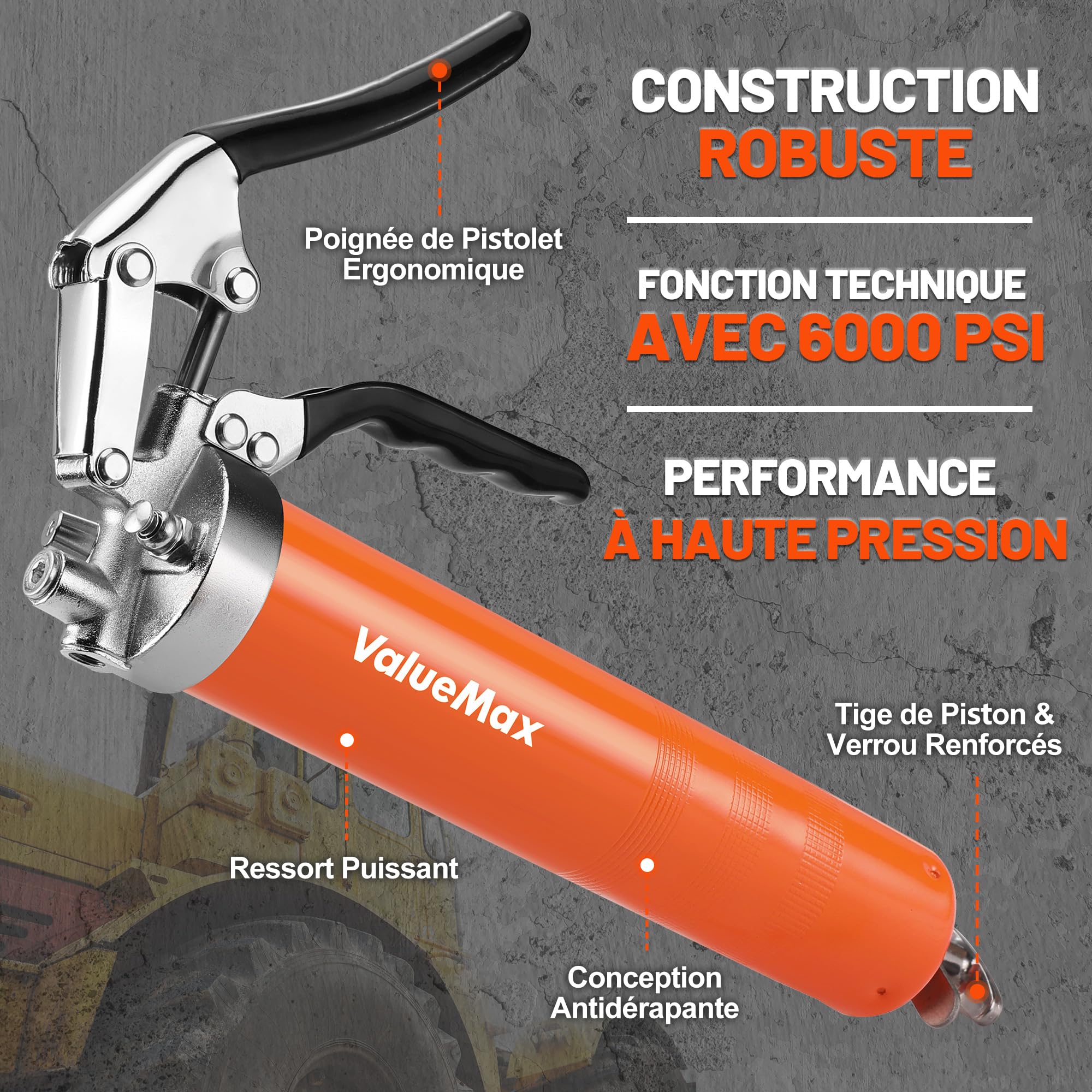 ValueMax Pistolet à Graisse 6000PSI, Pompe à Graisse Manuelle | Pistolet Graisseur pour Cartouche de Graisse 400 ml, Tuyau Flexible 24/45 cm, 2 Tubes Métalliques 11/14,5 cm et 5 Buses