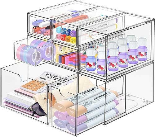 Organizador de escritorio con 7 cajones, 7 paquetes de acrílico apilable, cajones de almacenamiento de escritorio, organizador de maquillaje, caja