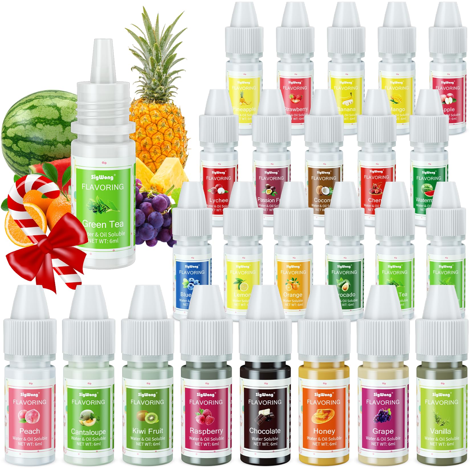 Food Flavoring Oil, 24 Liquid Lip Gloss Flavoring Oil - Concentrated Candy Flavors for Lip Balm, Baking, Cooking, Soap and Slime Making - Water & Oil Soluble - .25 Fl Oz (6 ml) Bottles