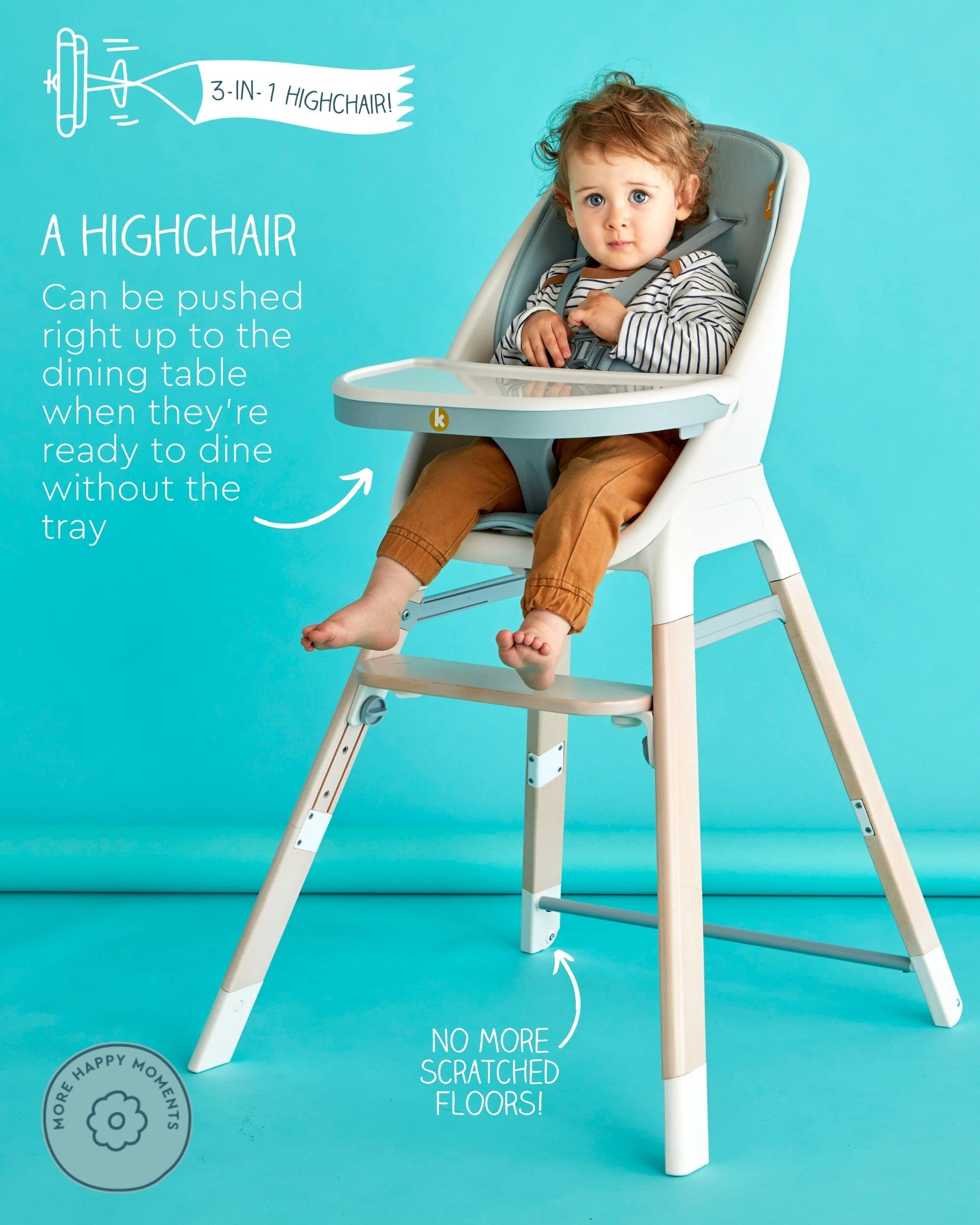 Koo-Di Tiny Taster - Trona 3 en 1, silla para niños pequeños y taburete para niños grandes, agua de manantial, silla alta para bebé con bandeja extraíble, reposapiés ajustable, asiento acolchado y