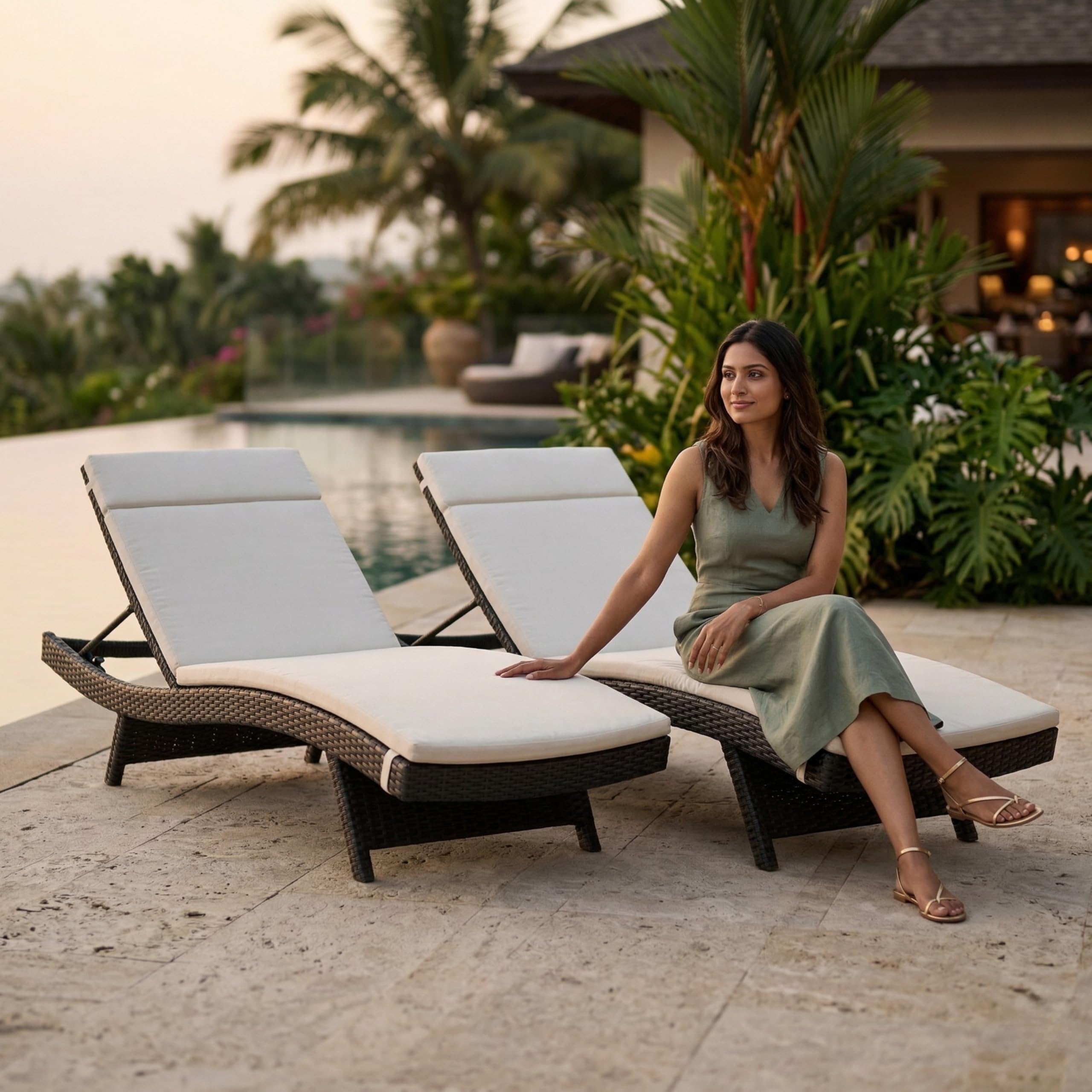 LOCCUS Set of 2 Outdoor Patio Recliner Lounger Chair 5 Position Adjustable Backrest with All Weather Wicker Waterproof Cushion Sun Lounger for Poolside, Garden Balcony (Dark Brown & Off-White) discount deal