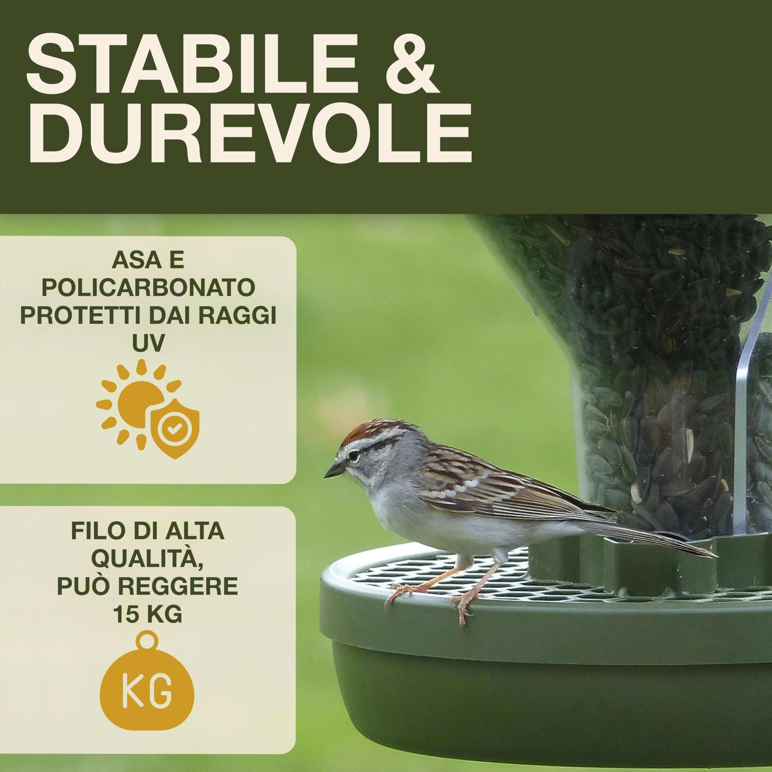 SWISSINNO Mangiatoia per Uccellini da Esterno Davos SMART BIRDS Casetta Cibo Uccelli Selvatici 2 Scomparti Antispreco Verde
