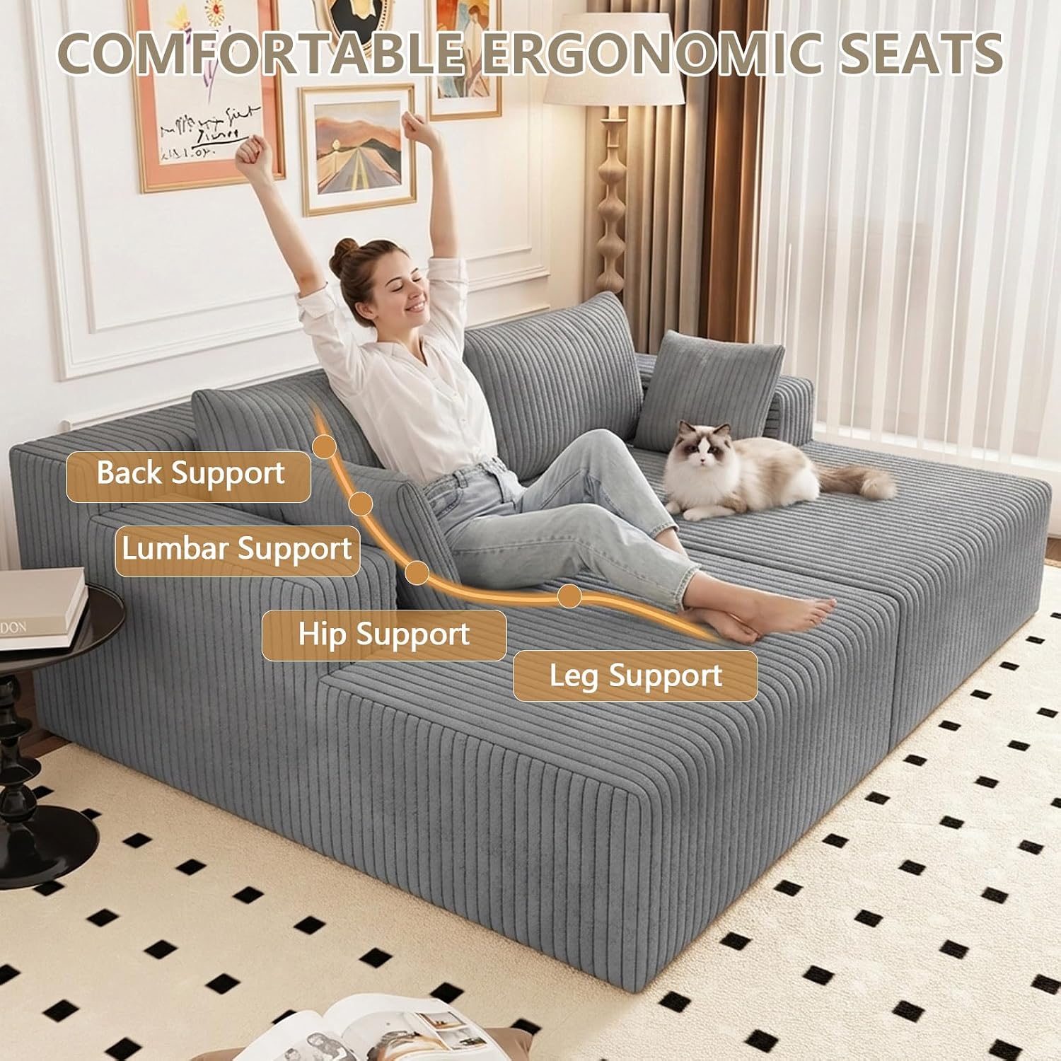70.8" Oversized Boneless Double Chaise Lounge Chair Indoor, Upholstered Corduroy Cloud Chaise Lounges with 4 Pillow, Modern Deep Seat Loveseat Sleeper Sofa for Living Room Bedroom, Light Gray