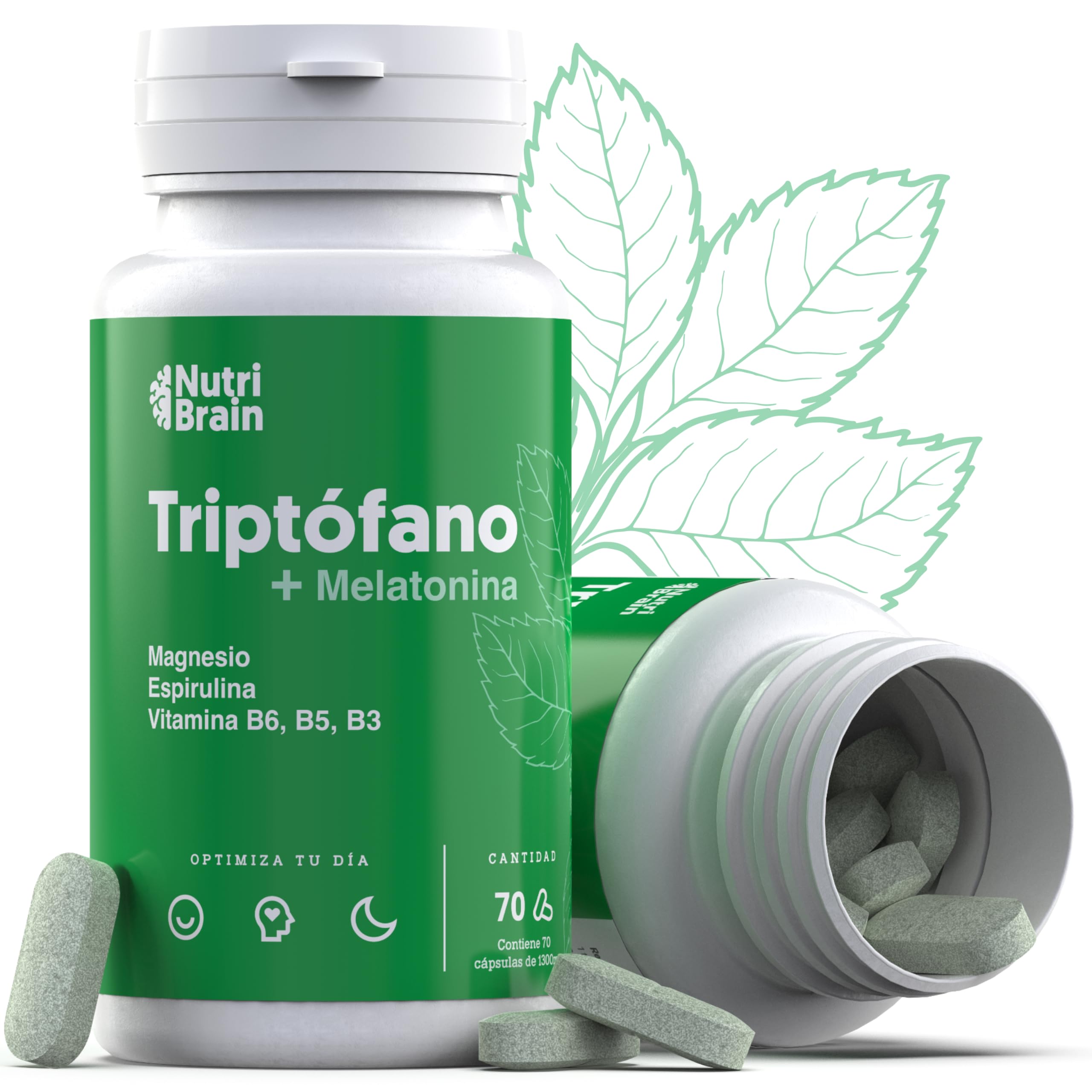 Triptófano Complex con Melatonina y Espirulina + Magnesio y Vitaminas B6 B5 B3 | Fórmula Sinérgica para Sueño, la Tranquilidad y Aumentar la Energía, el Bienestar y la Concentración