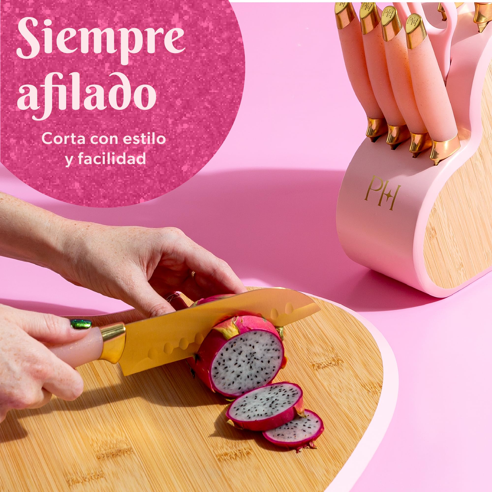 Set de Cuchillos Paris Hilton en Bloque de Bambú, 10 Piezas con Mangos Rosados y Cuchillas Doradas, Ideal para Regalo