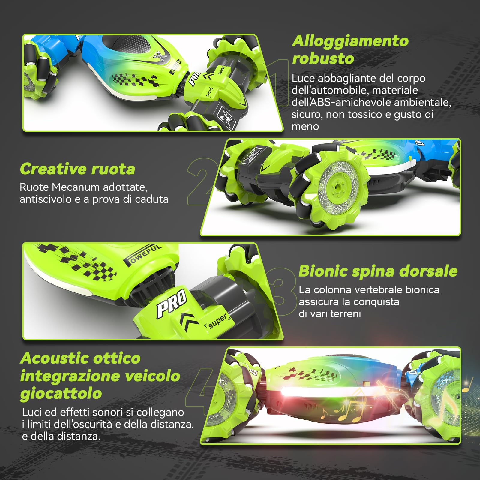 Dysaim Macchina Telecomandata RC Stunt Car Macchina Controllo con Telecomandata 2,4 GHz 4WD 360° Rotazione Crawler Offroad Car RC Drift Auto 2 Batteria Musica Natale Regalo per Bambini da 6 8 12 anni