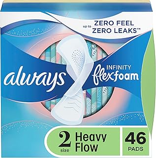 Always Infinity Feminine Pads for Women, Flexfoam Pads with Wings, Size 2, Heavy Absorbency, Unscented, 46 Count