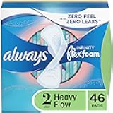 Always Infinity Feminine Pads for Women, Flexfoam Pads with Wings, Size 2, Heavy Absorbency, Unscented, 46 Count