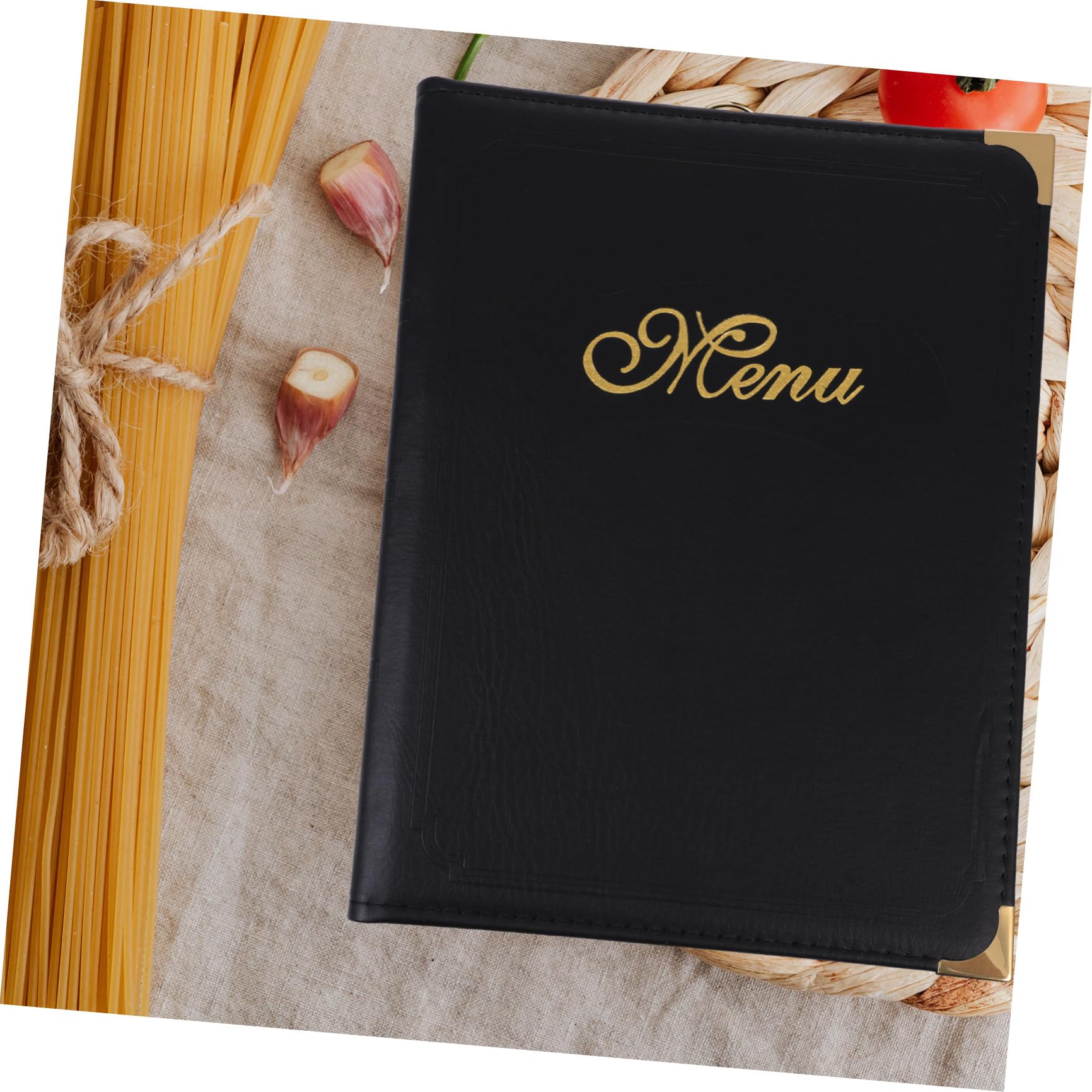 GALPADA Cartella Porta Menù in Pelle A4 Copertina Nera, Portamenù Resistente Pagine Interne Trasparenti e Angoli Metallici Decorativi, Cartella Menu Per Uso Ristorante, Bar e Casa