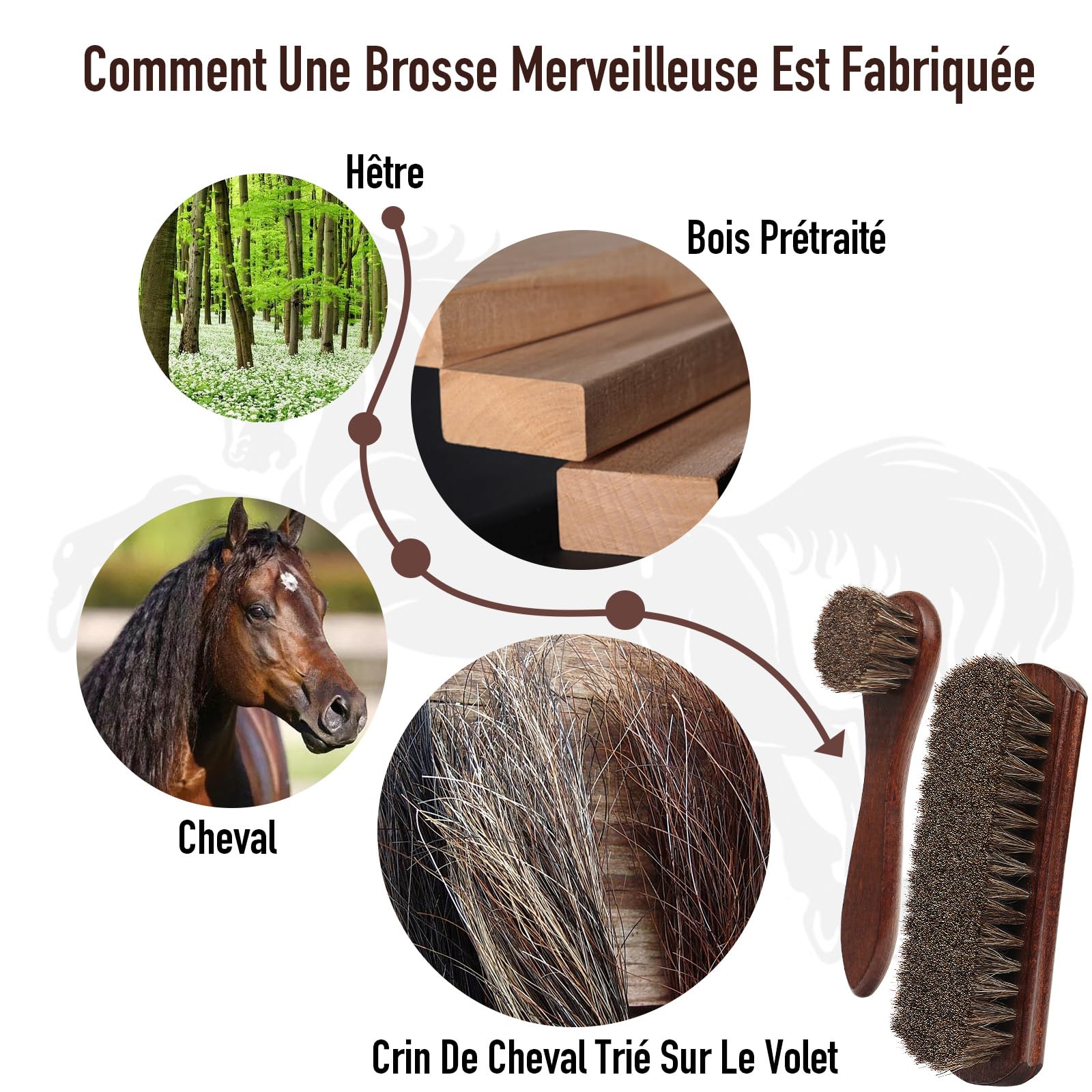 Kit Brosse Chaussure 3 Pièces - 100% CRIN de Cheval Naturel - Brosse à Lustrer, Brosse Applicateur (Palot) & Chiffon Microfibre - Set Complet pour Cirage et Entretien des Souliers & Bottes Cuir