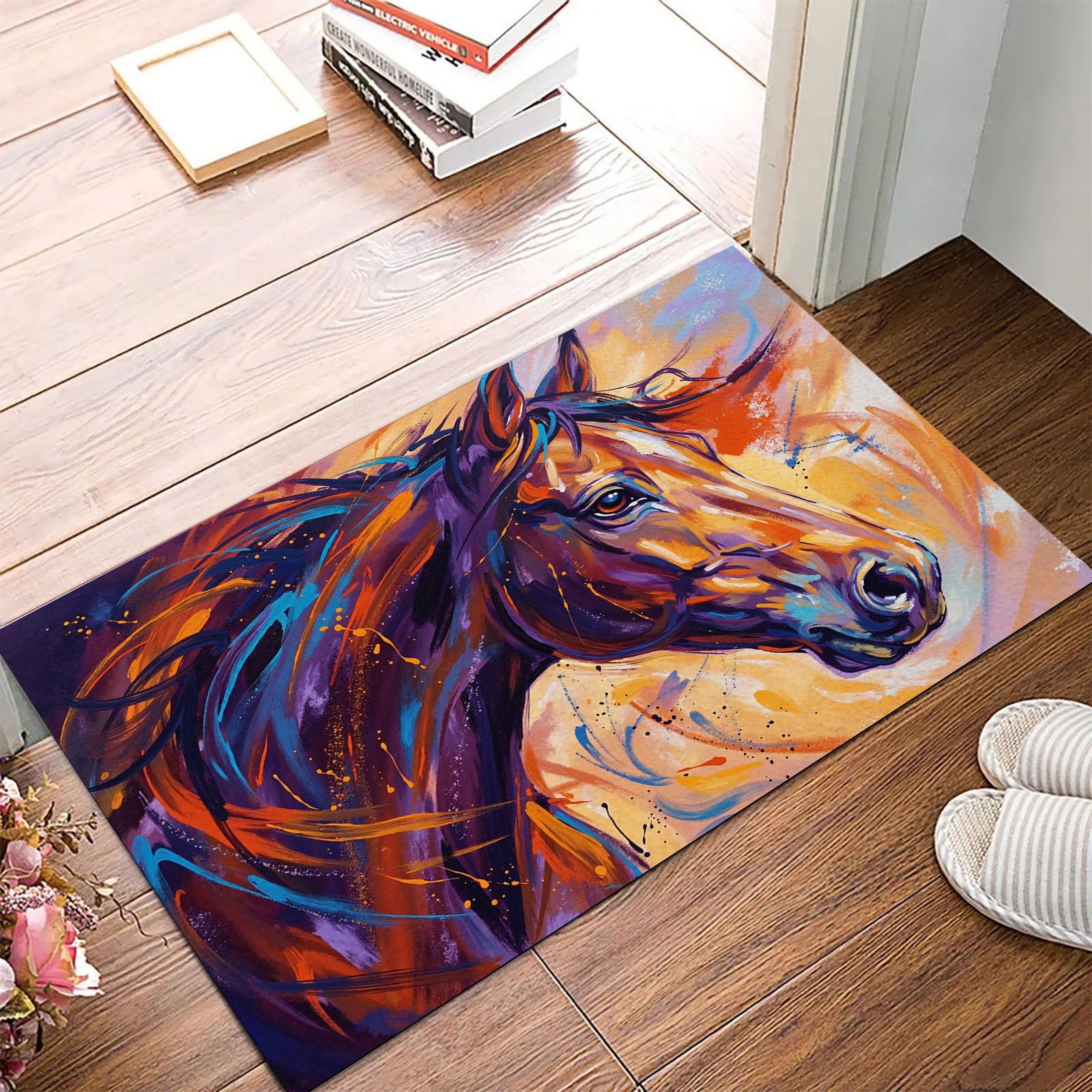 Tapis entrée intérieur paillasson 80x120cm cheval abstrait orange