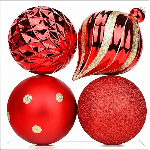 SHareconn 6 Inch Large Christmas Balls Ornaments, 4PCS 150MM Christmas Ornaments Hanging Balls, Shatterproof Plastic Decorative Baubles for Xmas Tree Decor Holiday Party Wedding Decoration, Red