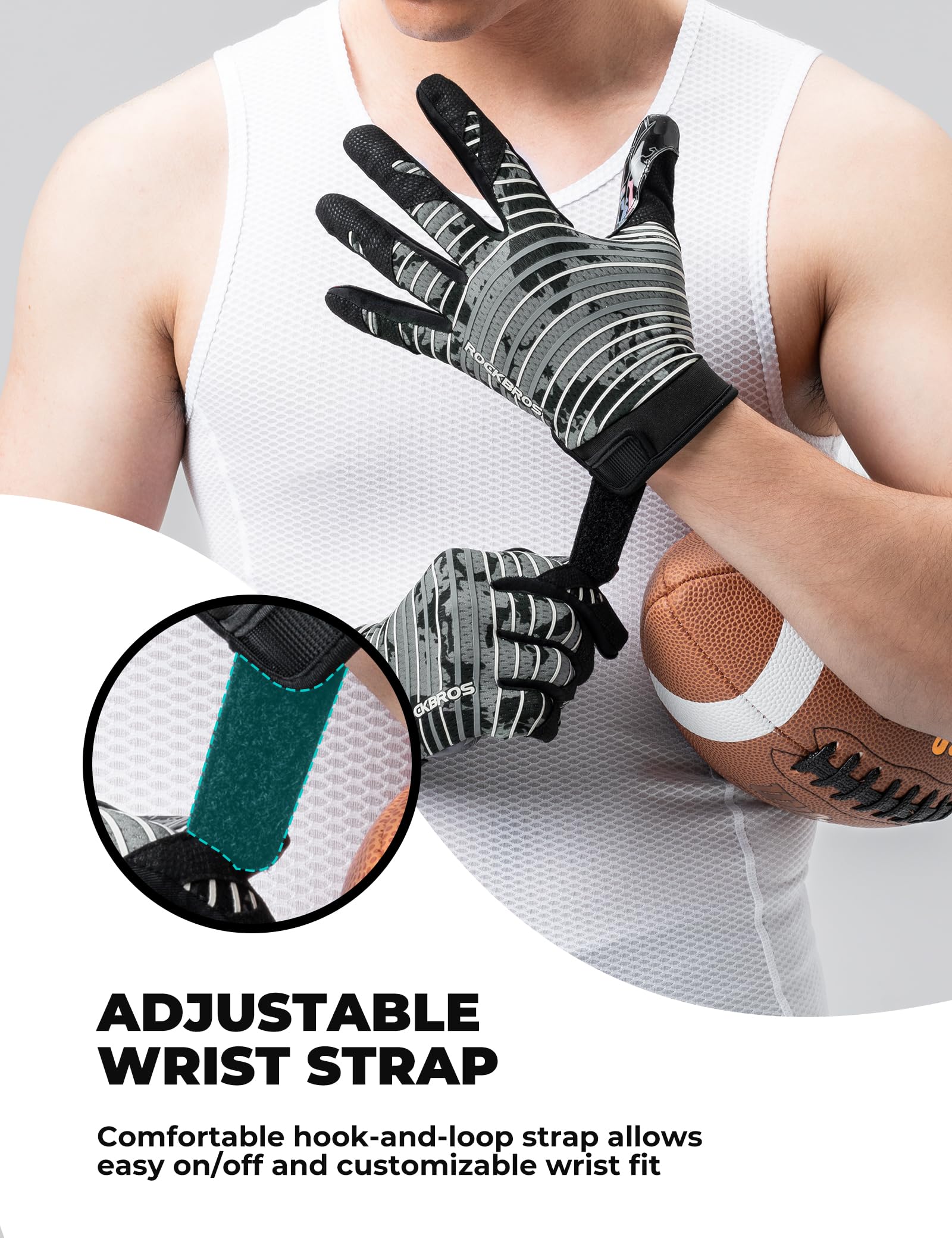 ROCKBROS Gants de Receveur Football Américain Unisexes Respirants, Gants Gardien Foot Adulte Paume PU Antidérapante Maintien Réglable