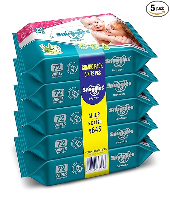 Snuggles Baby Wet Wipes with Aloe Vera and Vitamin E, 72 Pieces (Pack of 5)