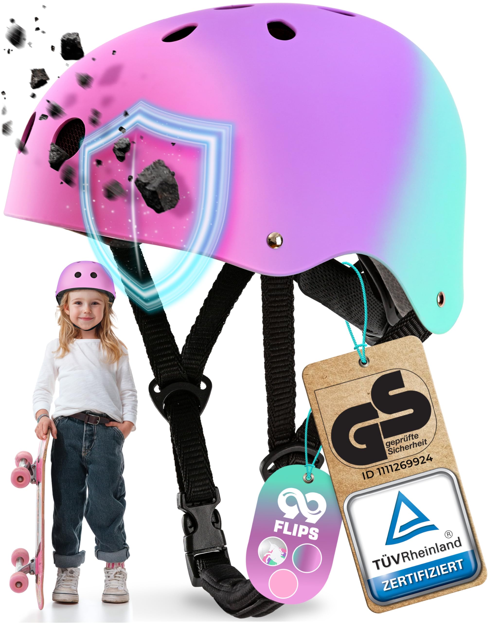 99FLIPS Skaterhelm Kinder - Fahrradhelm Mädchen 8 Jahre - Fahrradhelm Kinder mädchen Helm Scooter - kinderhelm 3 Jahre fahradhelm - Größe XS Tricolor
