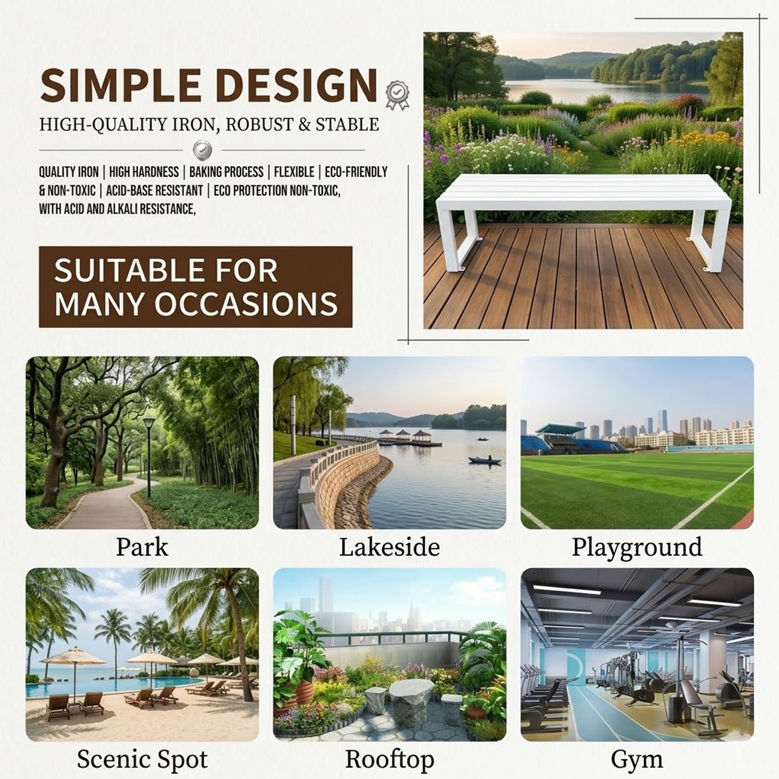 Banco de jardín de metal resistente a la intemperie de 180 cm, elegante banco de parque para jardín, patio, terraza, patio trasero, acabado blanco