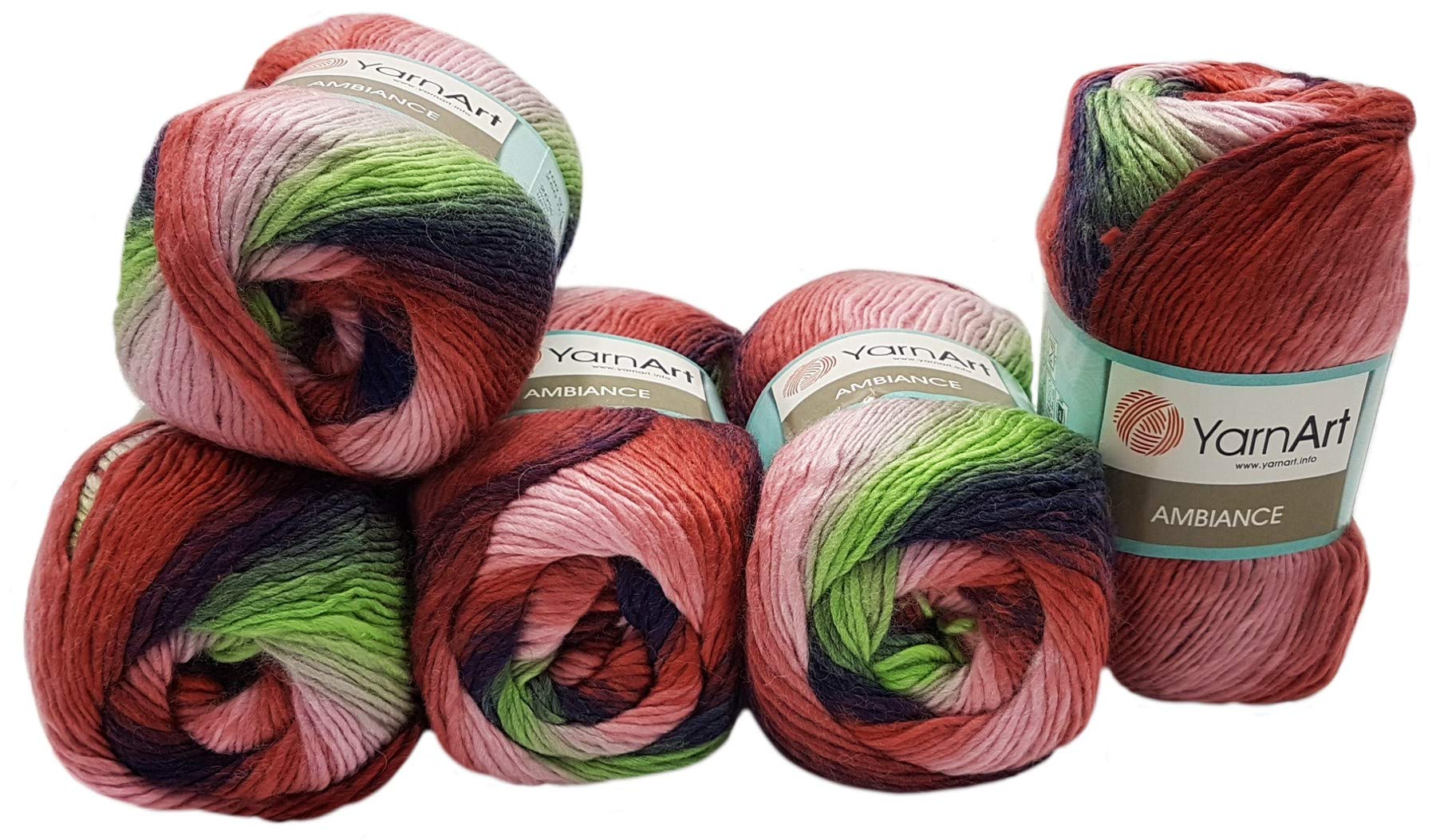 Ilkadim5 x 100 g YarnArt Ambiance Knitting Wool, Multicoloured with Colour Gradient, 500 g Knitting Yarn with 20% Wool Content (Purple, Red, Pink, Mint 150)