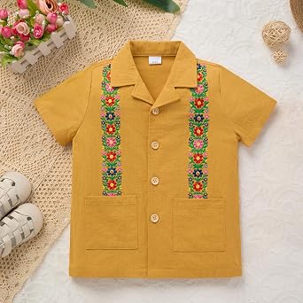 FYMNSI Boys Mexican Traditional Floral Embroidery Short Sleeve Shirt and Shorts Set 2 Piece Summer Folkloric Outfit 2-7T
