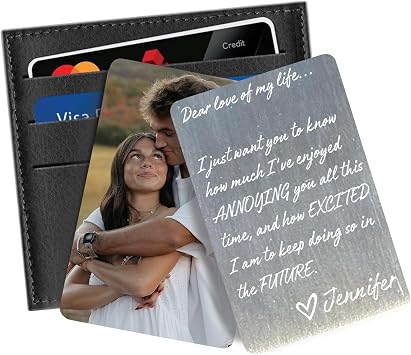Personalized Metal Wallet Photo Card Custom Message & Picture Keepsake for Him or Her Anniversary, Valentines Day, Christmas Gift for Husband, Boyfriend, Wife, Girlfriend, Long Distance, Military