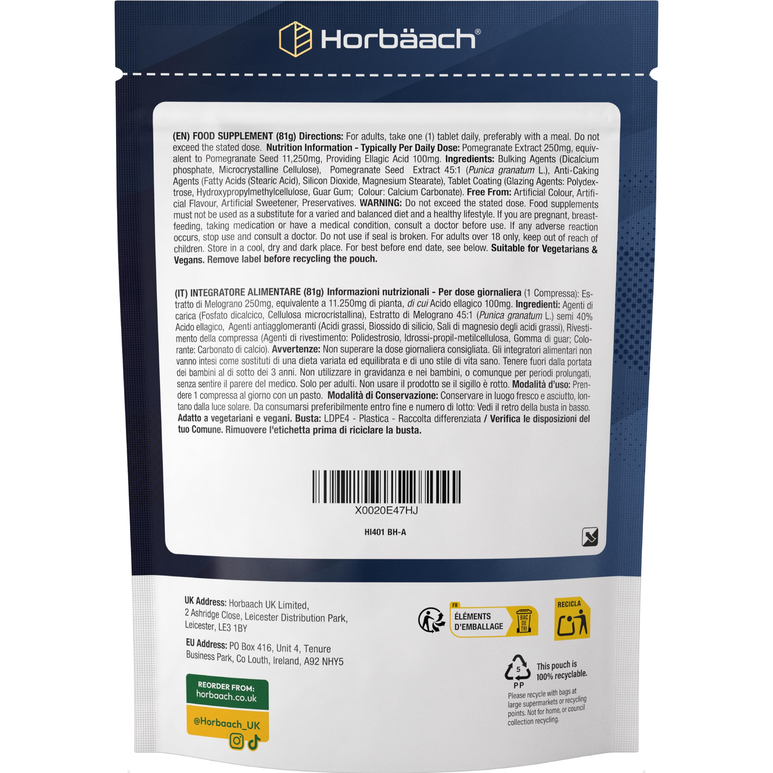 Estratto di Melograno Integratore 11250 mg | 120 Compresse Vegane | 4 Mesi di Scorta | 40% di Acido Ellagico | Pomegranate Extract Supplement | di Horbaach