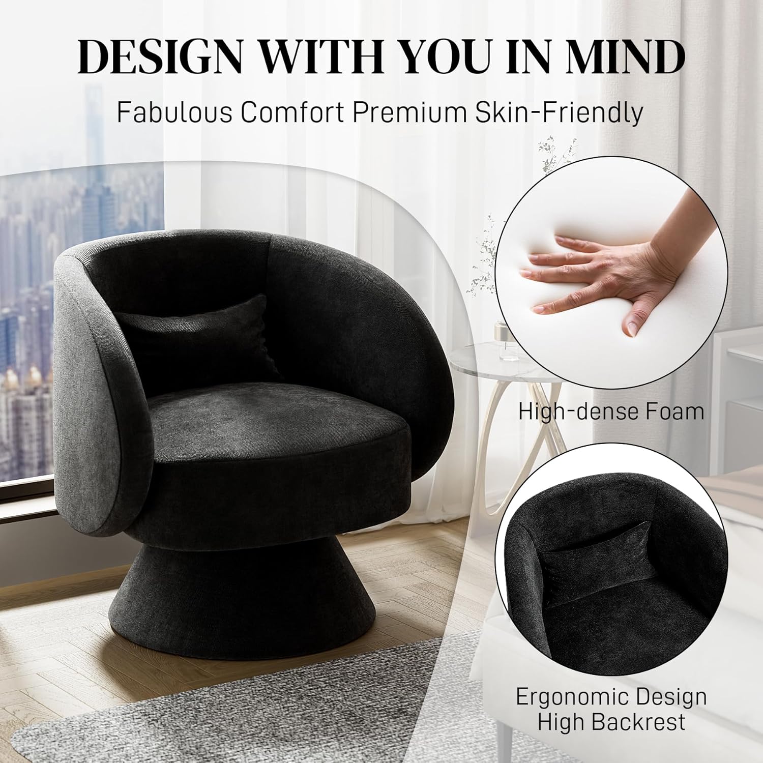 Swivel Barrel Chair, Upholstered Cuddle Accent Swivel Chairs for Living Room, Comfy 360 Degree Modern Small Round Black Swivel Chair for Bedroom Compact Space Office (Black, Linen) 1 Black