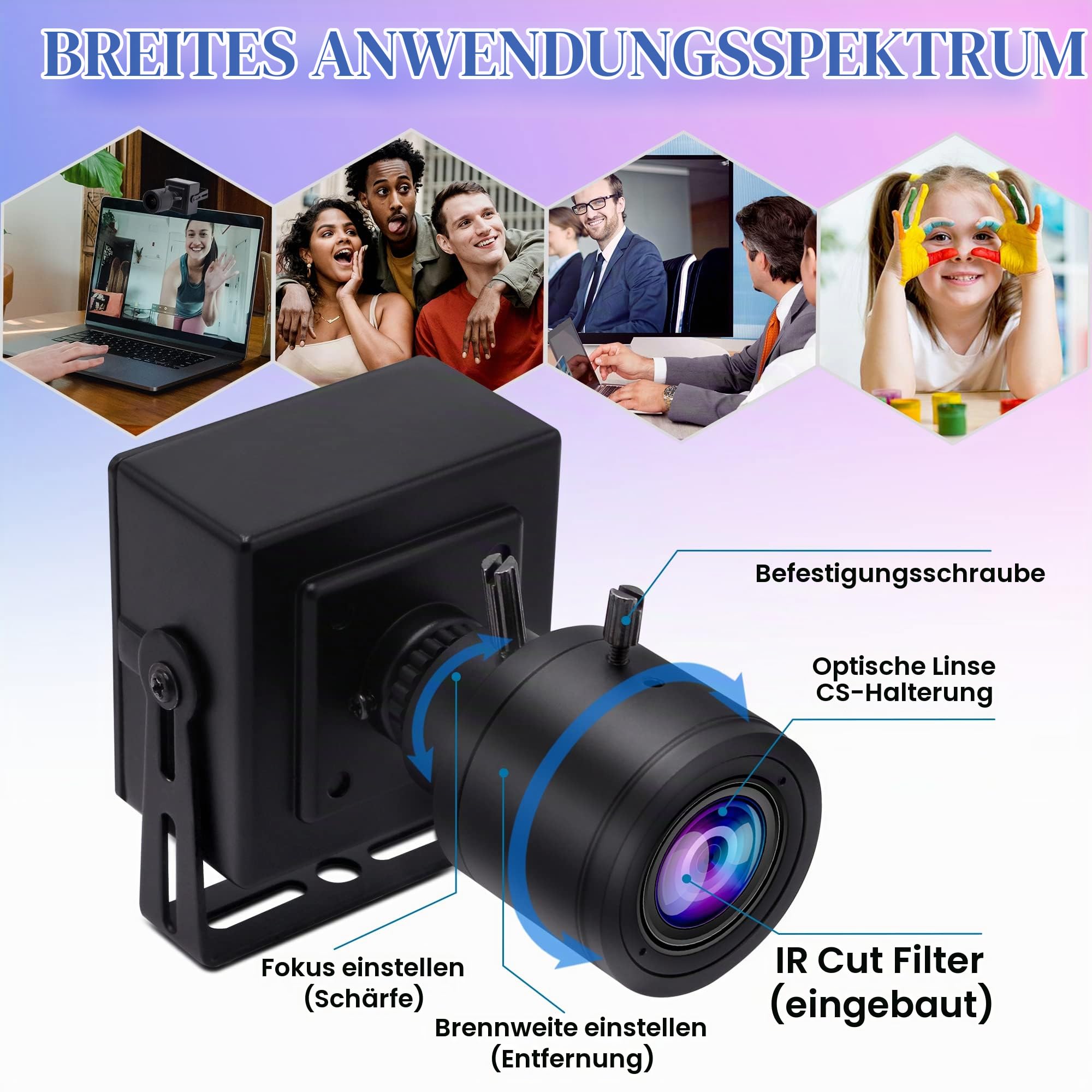 ELP Varifokus Objektiv Web Kamera 1080P USB Computer Business Webcam,2.8-12mm Zoom Objektiv,Weitwinkel,Plug & Play,2 Megapixel IMX323 Sensor 0.01Lux Streaming Web Kamera für Windows Android Linux