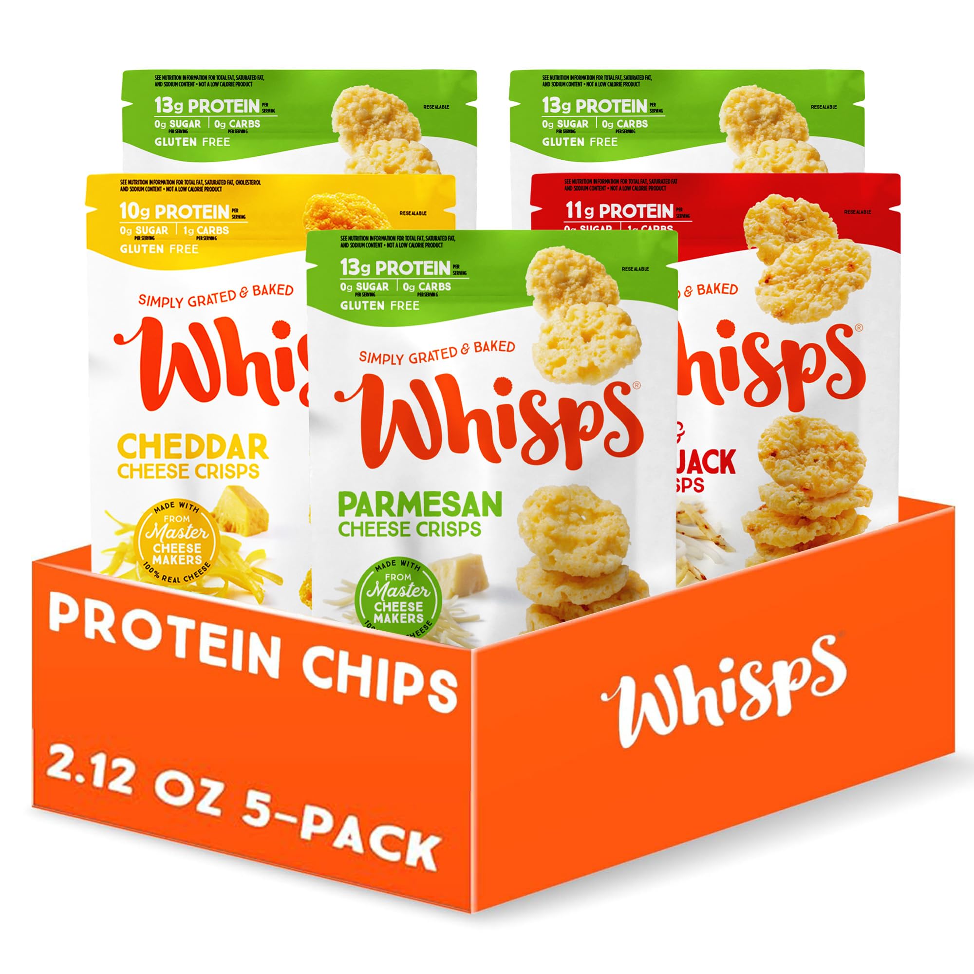- Cheese Crisps Variety Pack | Protein Chips | Healthy Snacks | Protein Snacks, Gluten Free, High Protein, Low Carb Keto Food | Parmesan, Cheddar, Asiago (2.12 Oz, 5 Pack)