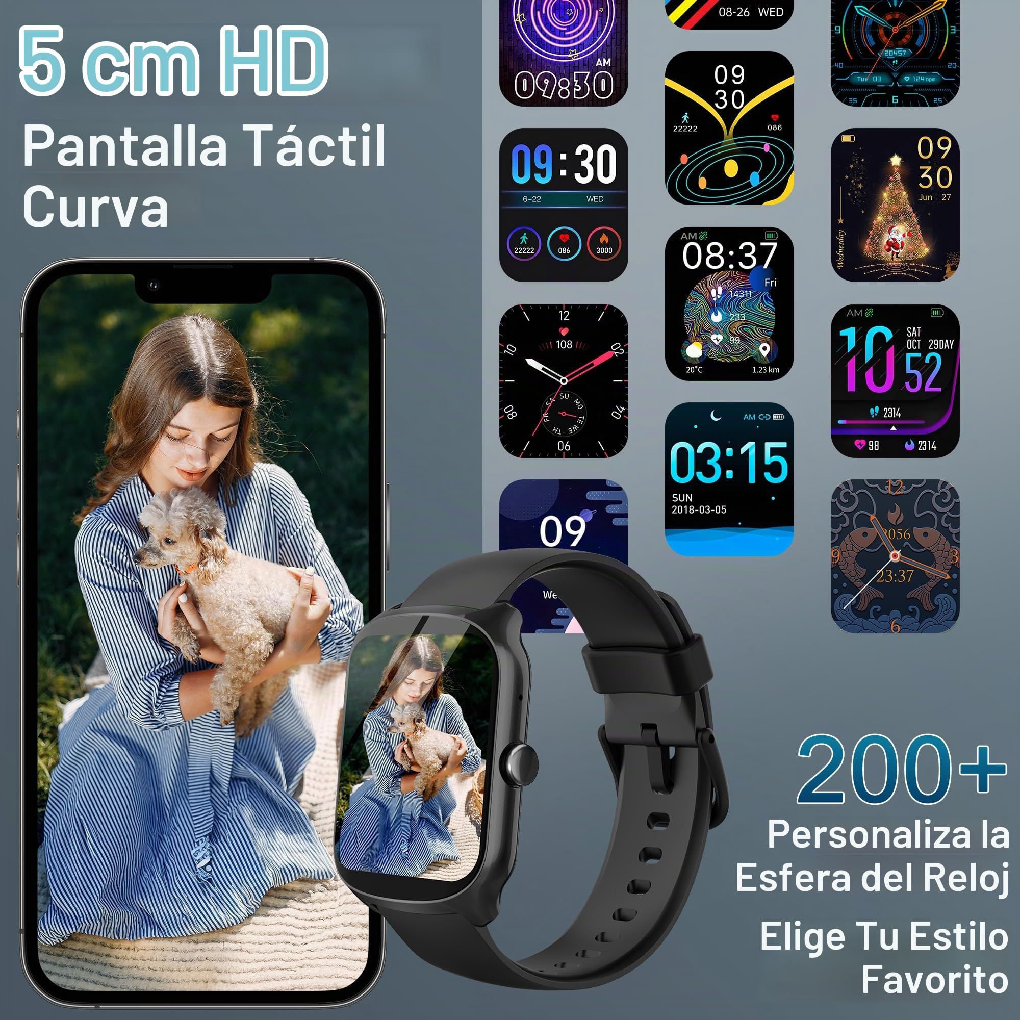 STECEi Smartwatch Hombre Mujer, Pantalla Curva HD de 1,95", Reloj Inteligente con Contestar/Realizar Llamadas, 112 Modos Deportivos, Podómetro/Sueño/Frecuencia Cardíaca, IP68 Sumergible, Negro