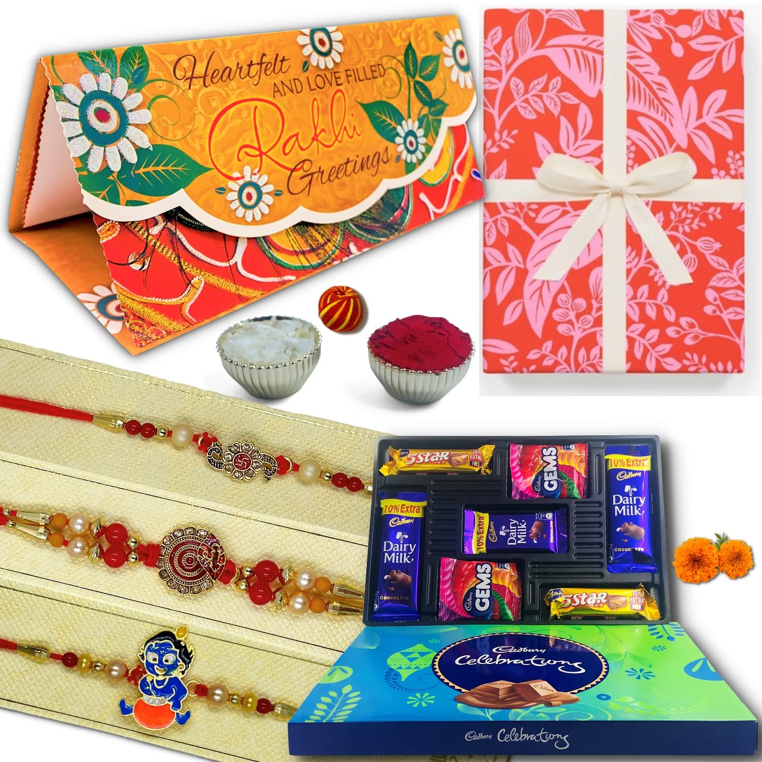 Almoda Creations Rakhi Combo Set For Brother, Multi Fold Greeting Card, Cadbury Celebrations Pack, Roli Moli, Kalawa, Rakhi Gift Box, Personalized Rakhi Message