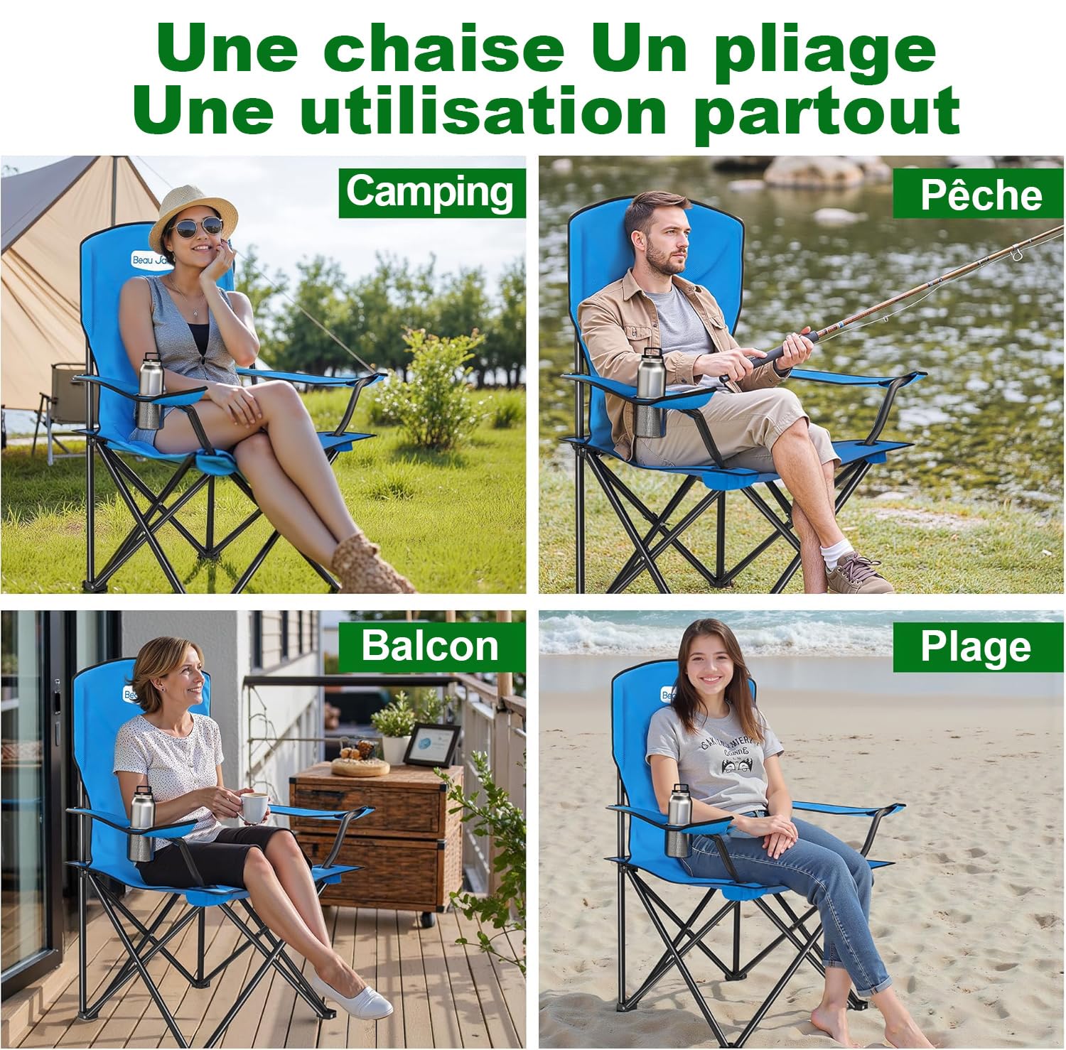 Beau Jardin Chaise Camping Pliante 150 KG Chaise de Plage Pliable avec Porte-gobelet et Sac Surdimensionnées Résistantes et Pliantes Pique-Nique Extérieur Plage Jardin Chaise Longue de Camping Bleu