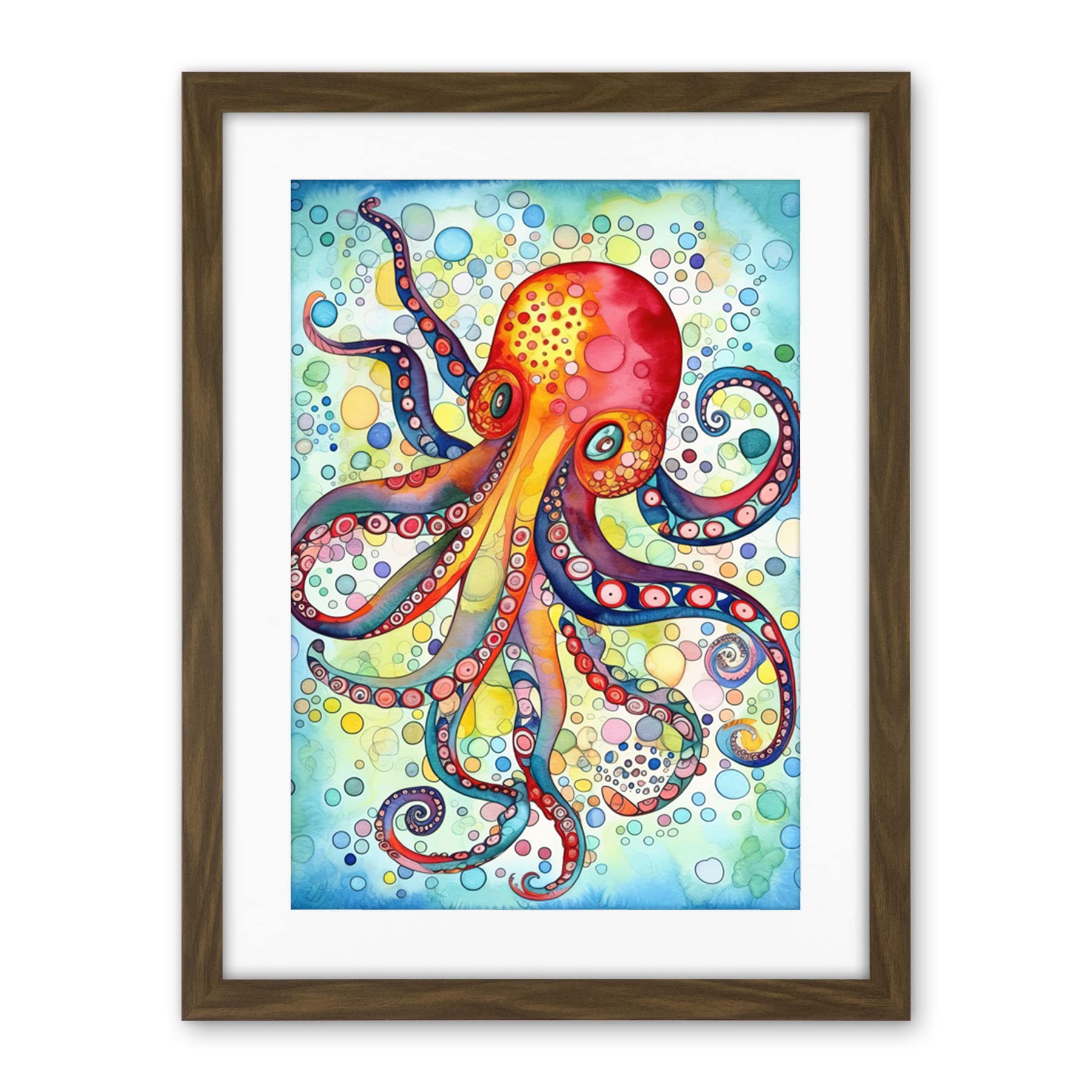 Artery8 Octopus Swimming In Air Bubbles Folk Art Watercolour Painting Artwork Framed Wall Art Print 18X24 Inch