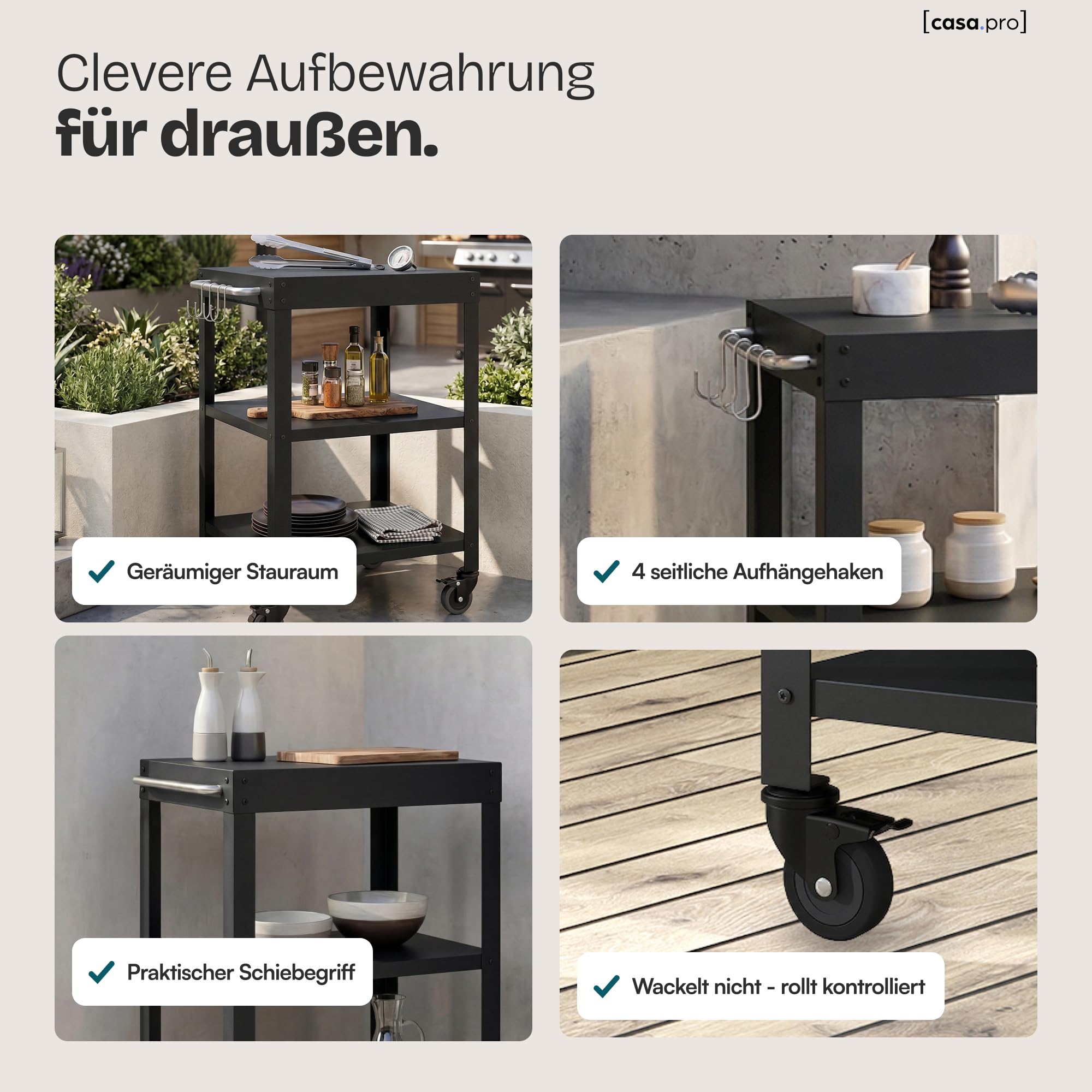 casa.pro Outdoor Servierwagen Bolognano Garten Rollwagen Stahl 81 x 50 x 50 cm Grillwagen mit 4 Haken Rollen mit Feststellbremsen Schwarz matt