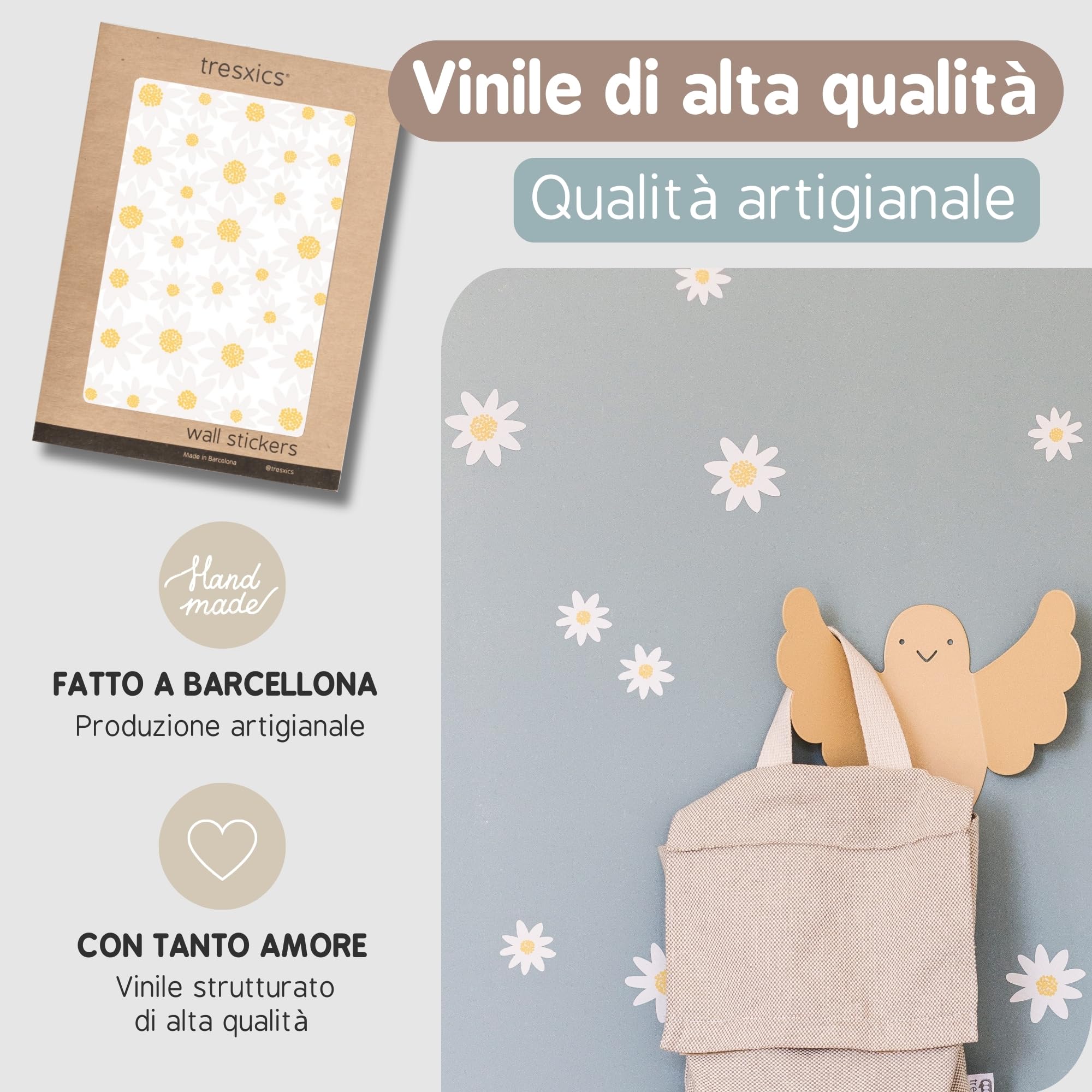 Adesivi Murali Bambini | Adesivi Cameretta Bambino Bimba Fiori | Effetto Carta da Parati Adesiva | Copre 6 m² | 128 pezzi | TRESXICS (Bianco)