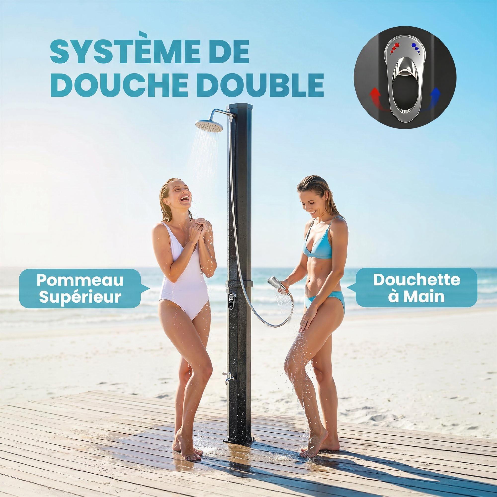 Outsunny Douche Solaire de Jardin XXL 60L avec Douchette à Main et Robinet - Douche Extérieure de Piscine avec Mitigeur Eau Chaude/Froide, Hauteur 208 cm, Pression 3,5 Bar, Noir