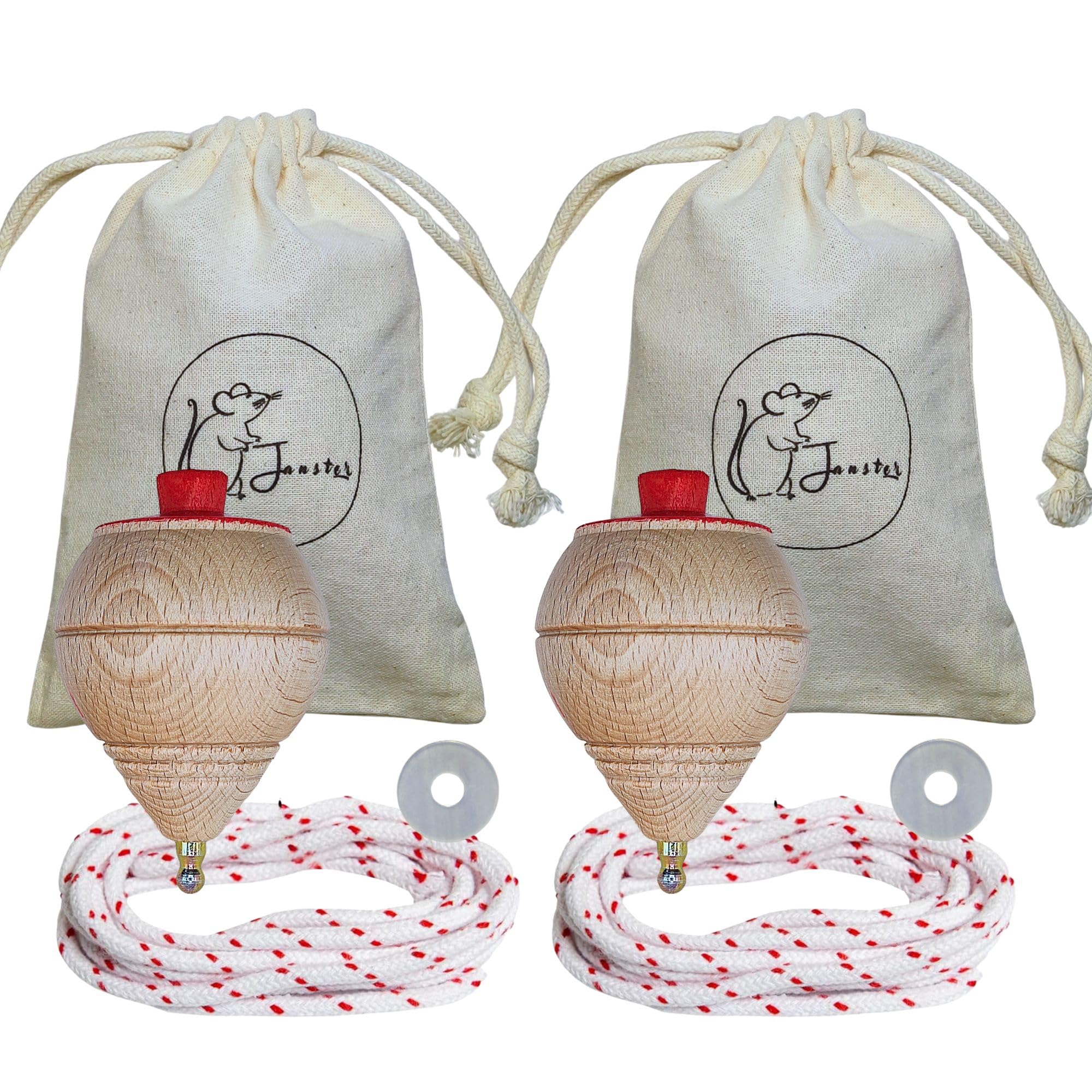 Janster -Peonza de Madera con Cuerda, arandela y Bolsa - Trompos para Niños con Cuerda - Juego Manual para Niñas con Punta de Metal - Trompo - Spinner - Perinola (2 Peonzas)