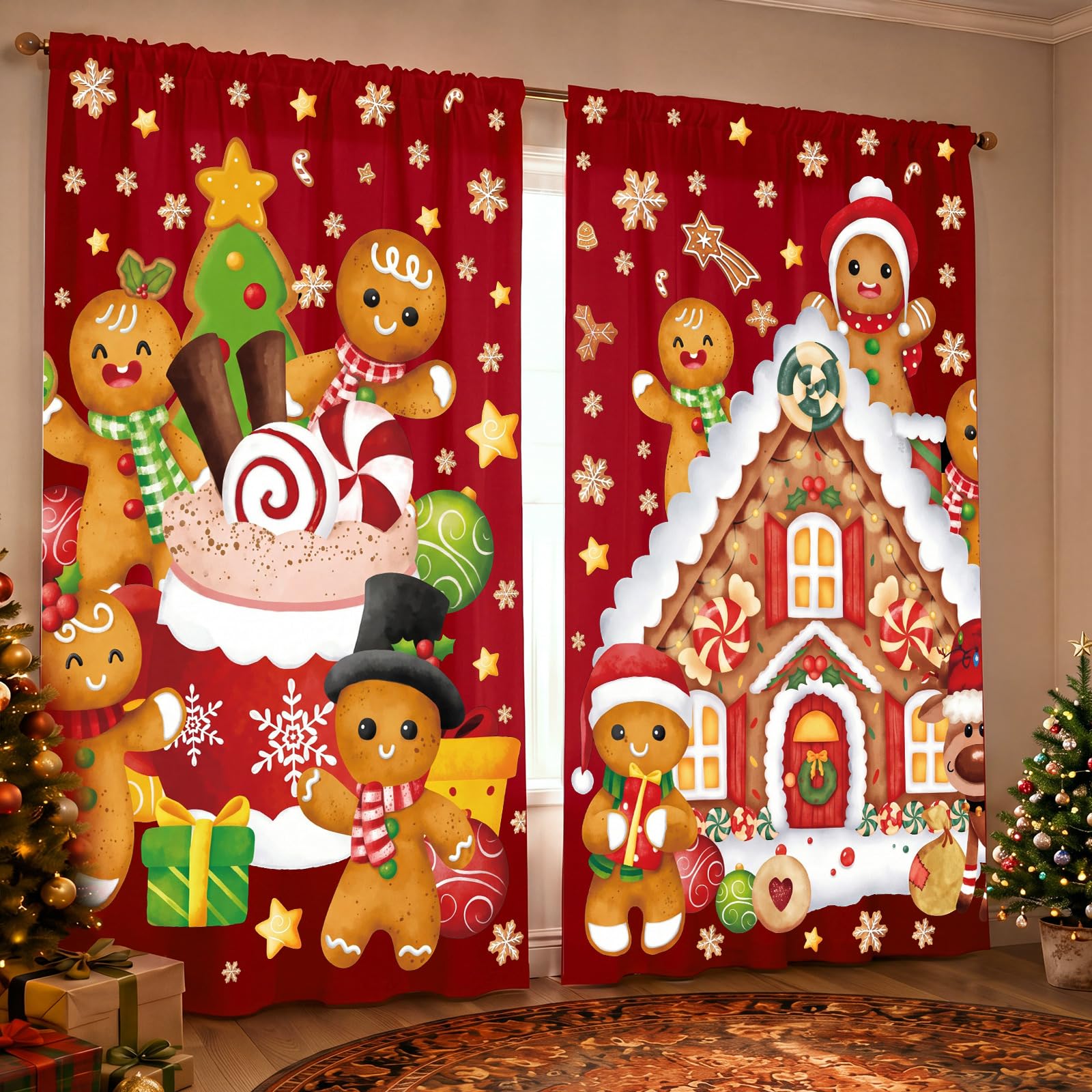 SmoothNovelty 2 Pcs Christmas Gingerbread Curtains for Living Room