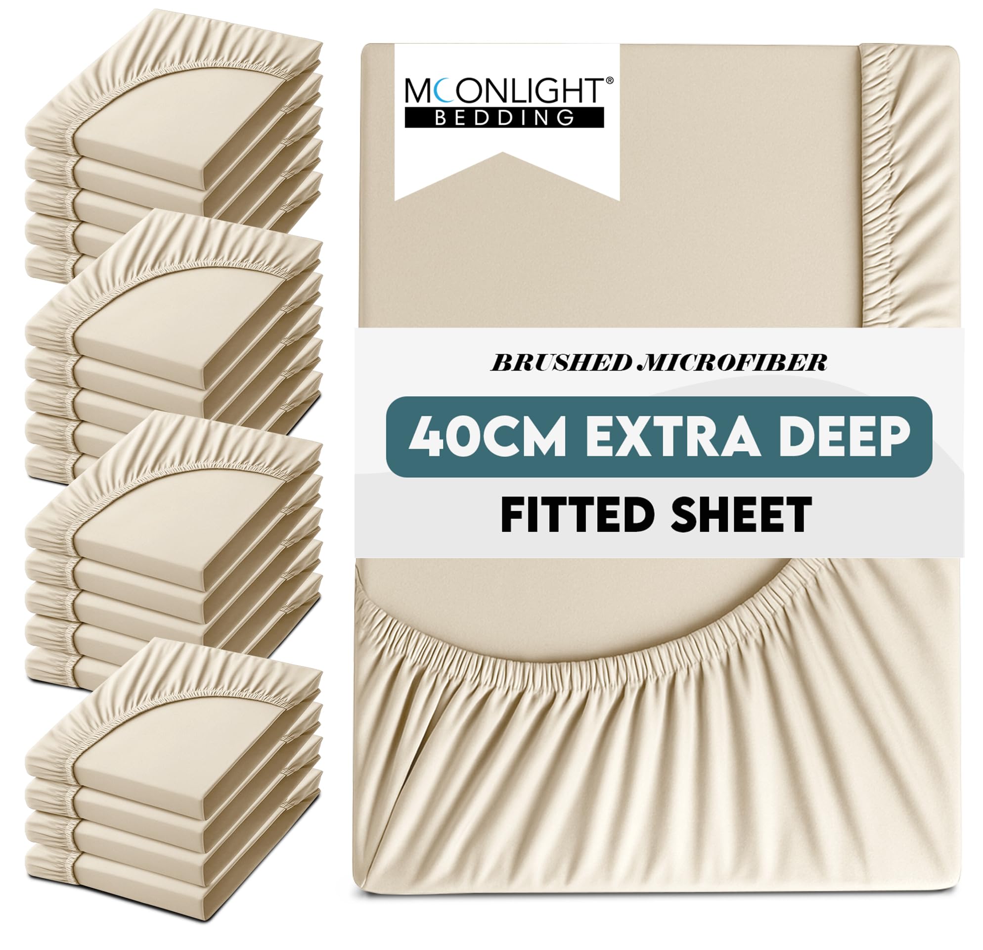 Moonlight Bedding Double Fitted Sheet 20 Pack 40CM Cream Bed Sheet with Elastic Corners 16 Inch Extra Deep Pocket Brushed Microfiber Easy Care Breathable Shrinkage Fade-Resistant Bedsheets