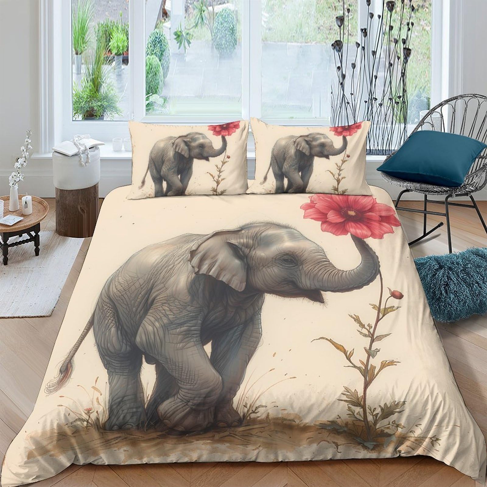 Ctjqhvkz Style-2 3D Printed Elephant Flower Fitted Sheet Microfiber Soft Beige Artistic Bed Cover For Bedroom Dorm Decor Single（135X200cm）