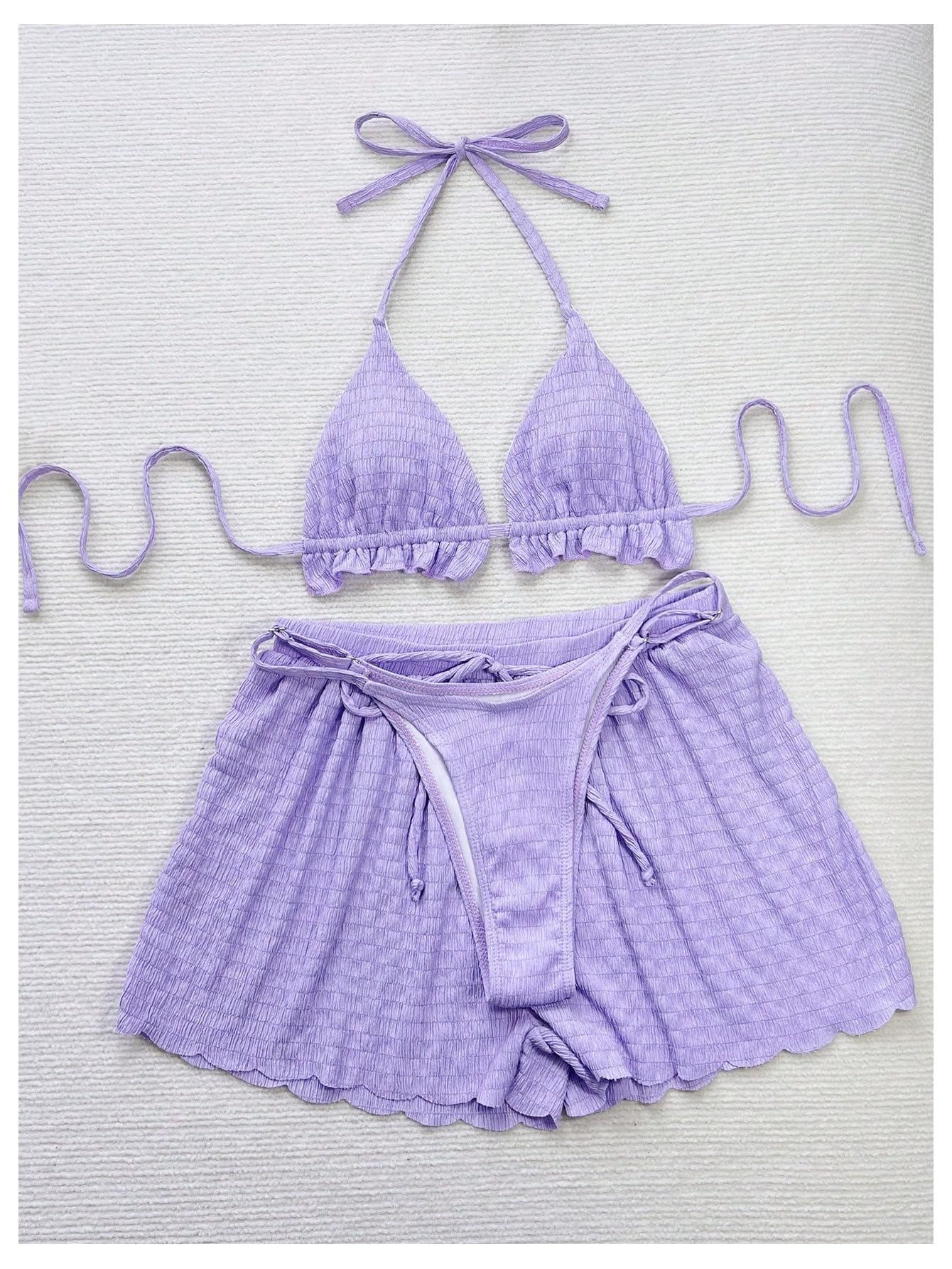 Costume da Bagno Bikini Strutturato a 3 Pezzi Donna con Perizoma a Triangolo Volant e Pantaloncini Copricostume