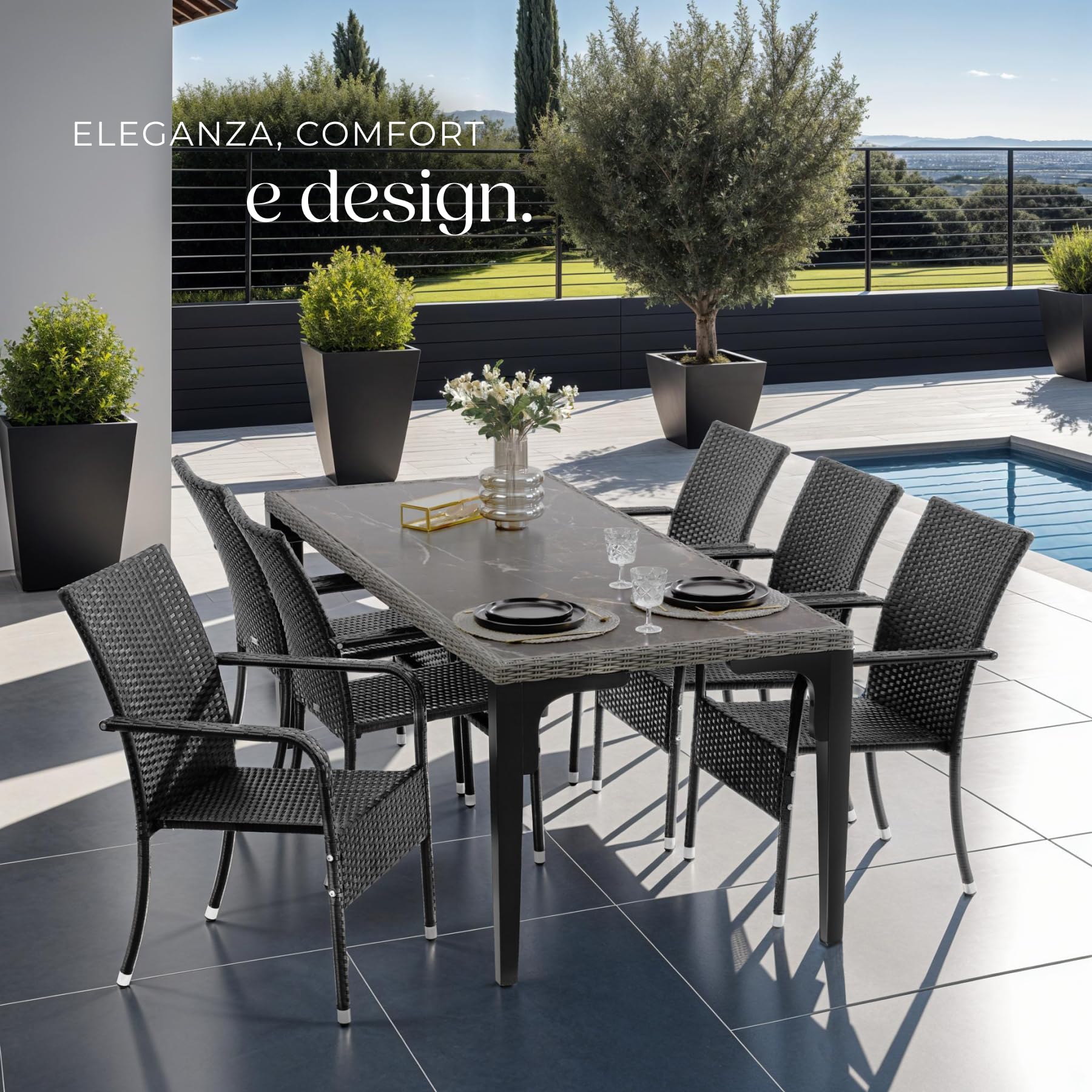 tectake® Set di 2 Sedie in Rattan, Impilabile, Rattan Resistente alle Intemperie, Schienale Alto, Struttura in Acciaio, Set Sedie Sala da Pranzo 2, Comfort e Stabilità per Interni ed Esterni, Nero