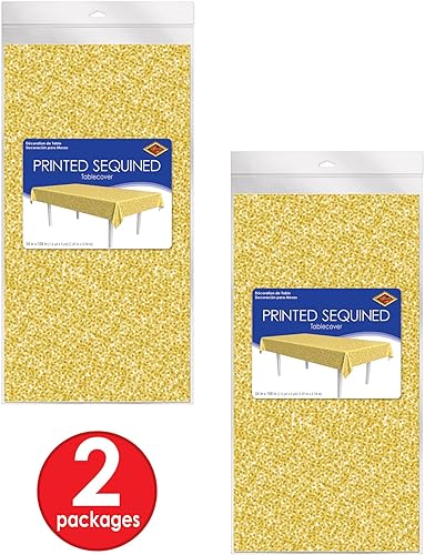 Miniatura 5 de Mantel de plástico con lentejuelas impresas, color dorado, paquete de 2
