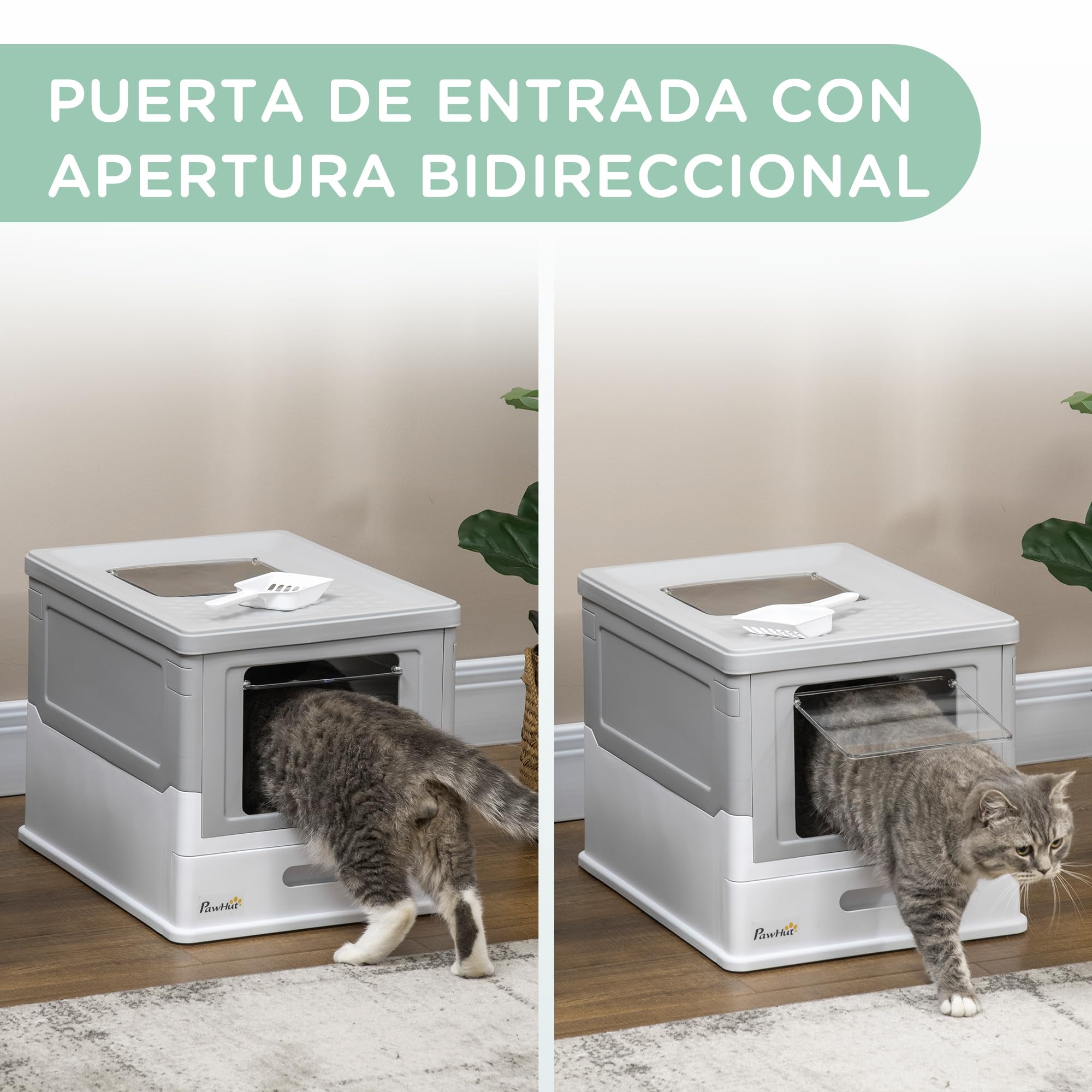 PawHut Arenero para Gatos Plegable Bandeja Extraíble Tapa Gris y Blanco | Caja de Arena para Gatos, Pala, Fácil de Limpiar, Control de Olores, Antichapotones, para Raza Pequeña y Mediana