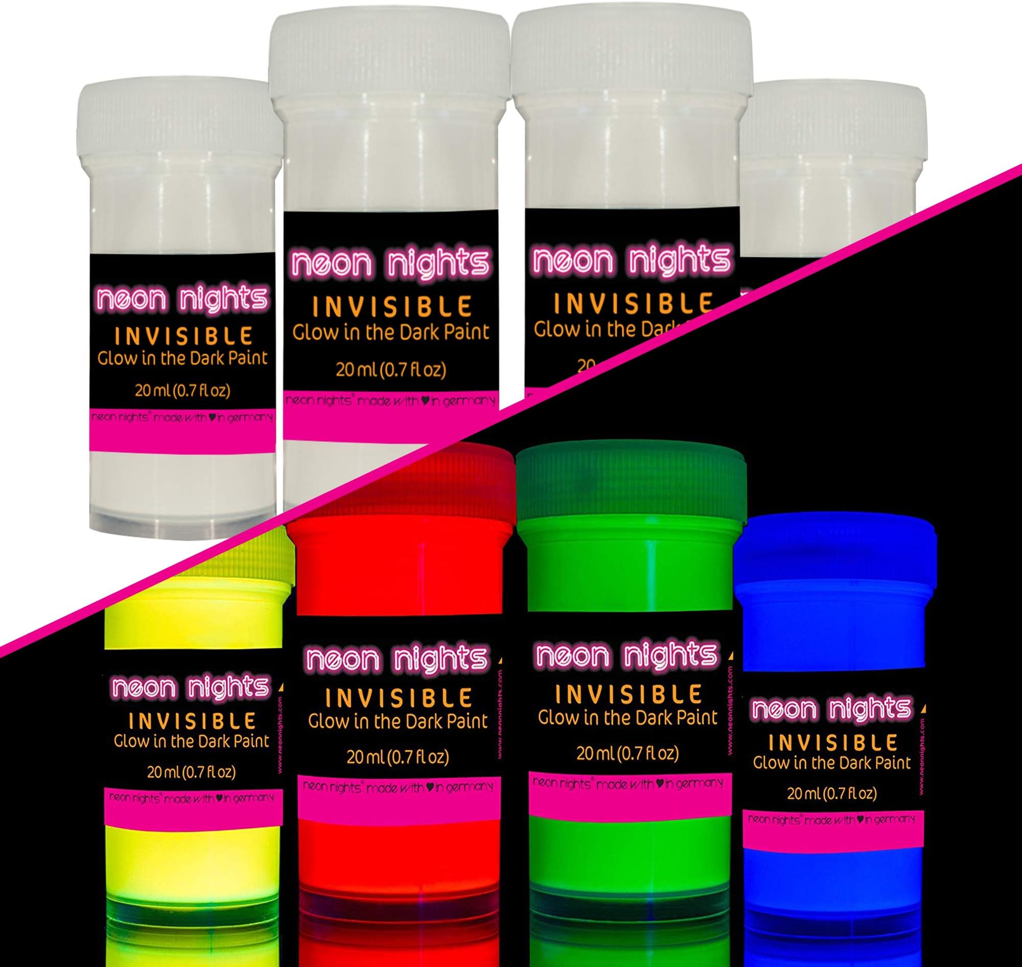 'Invisible' Wall and Canvas Paints by neon nights- 4 Invisible UV Glow in The Dark Paint Cans - Vibrant Ultraviolet Paints Charge in The Daylight and Glow in The Darkness - 20ml Luminescent Cans