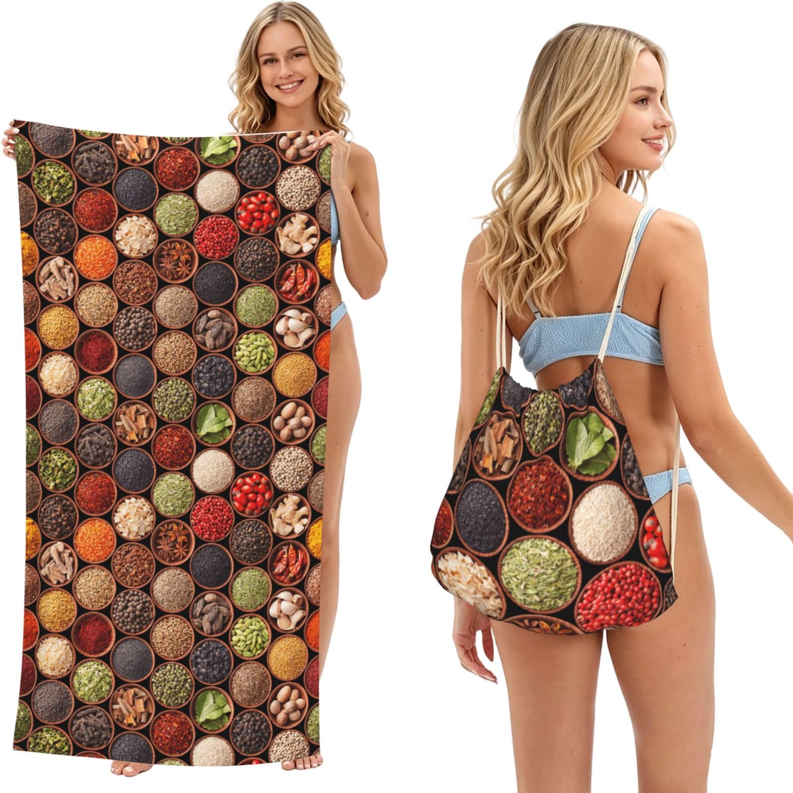 Poadnly Colorful Spices And Herbs, 2 in 1 Packable Towel Bag, Beach Towels with Drawstring Backpack for Travel Holiday Camping
