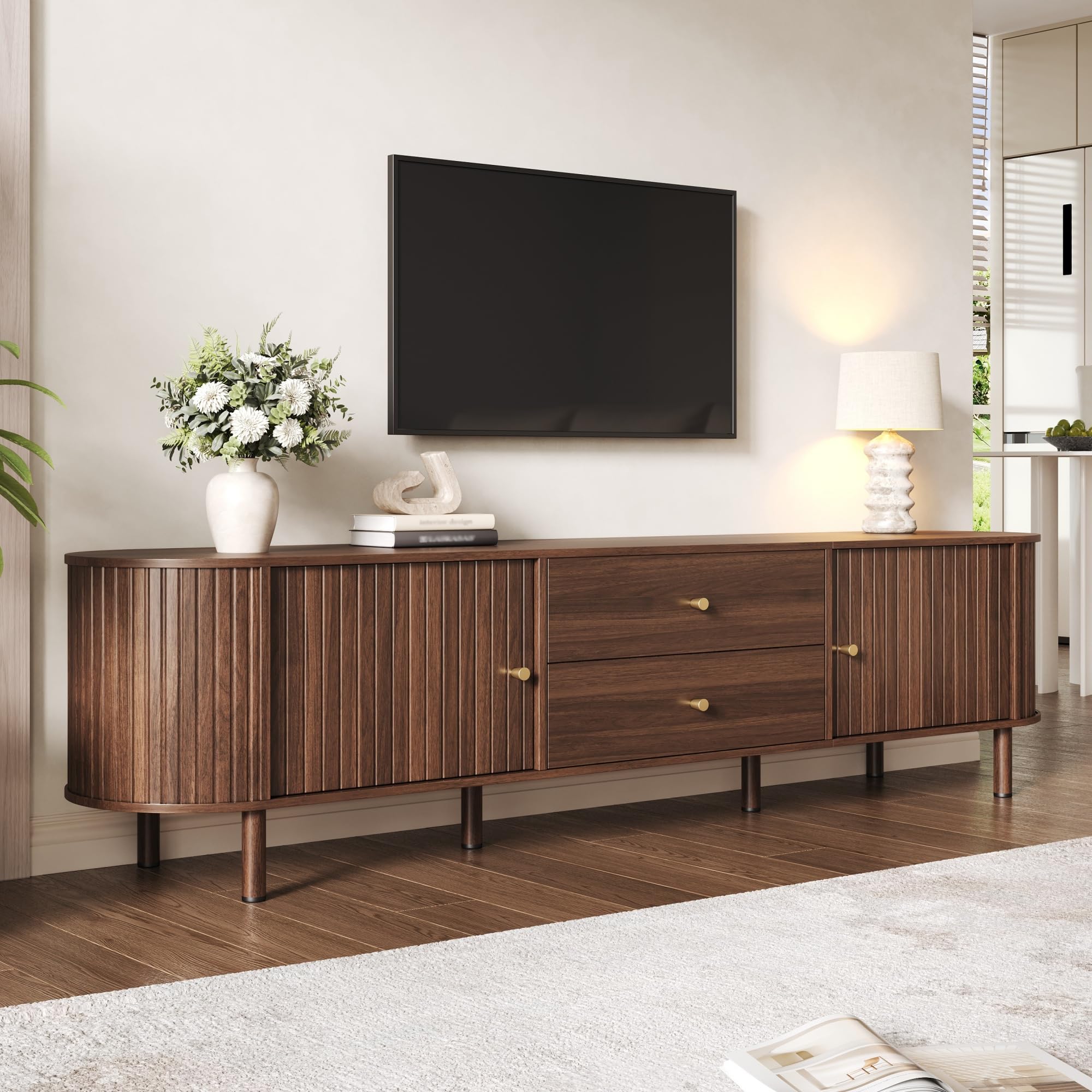 180 cm TV Schrank, Ovaler Lowboard mit Schiebetüren für Wohnzimmer | TV Bänke 180x40x58cm, Ovaler Schrank mit Schiebetüren und 2 Schubladen, TV-Möbel in Holzoptik