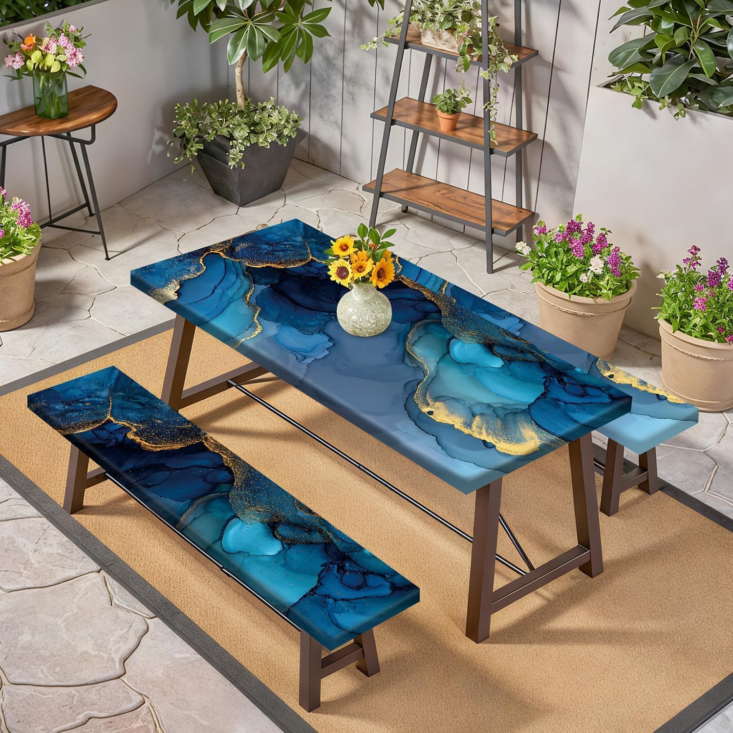 Marble Picnic Table Cover with Table Cover, Elastic Tablecloth for Outdoor Picnic Tables, Blue Ocean and Gold Texture Design, Tablecloth for Camping, Barbecue and Terrace Dining
