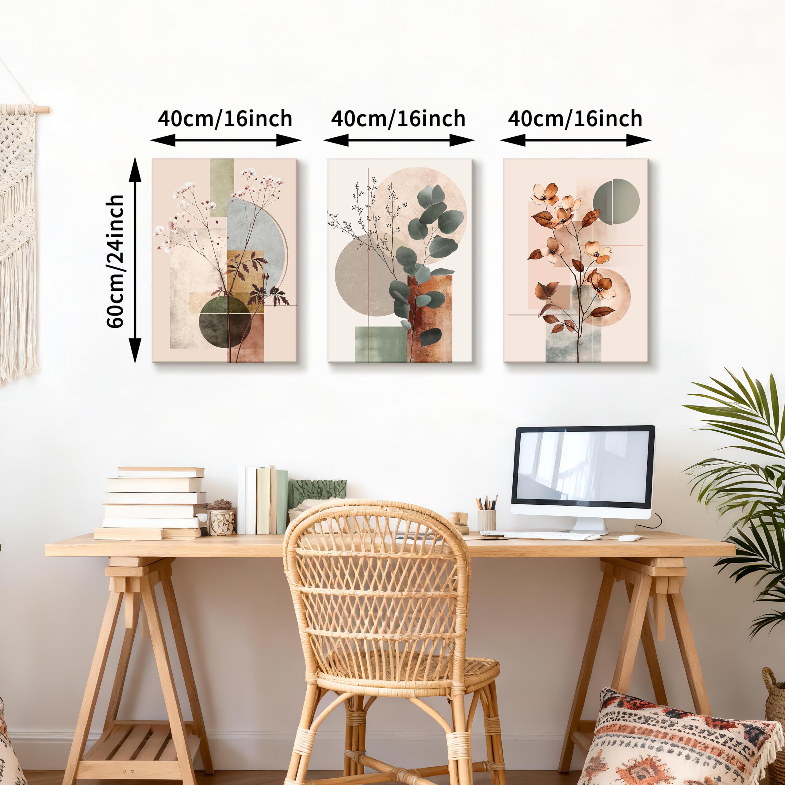 3Pcs Beige Geométrico Abstracto Marcos Con Modernos Cuadros Decoracion Botánico Algodón Eucalipto Hoja Cuadro y Láminas Plantas Floral Lienzos Decorativos Hogar Para Comedor Salon Dormitorios 40X60cm