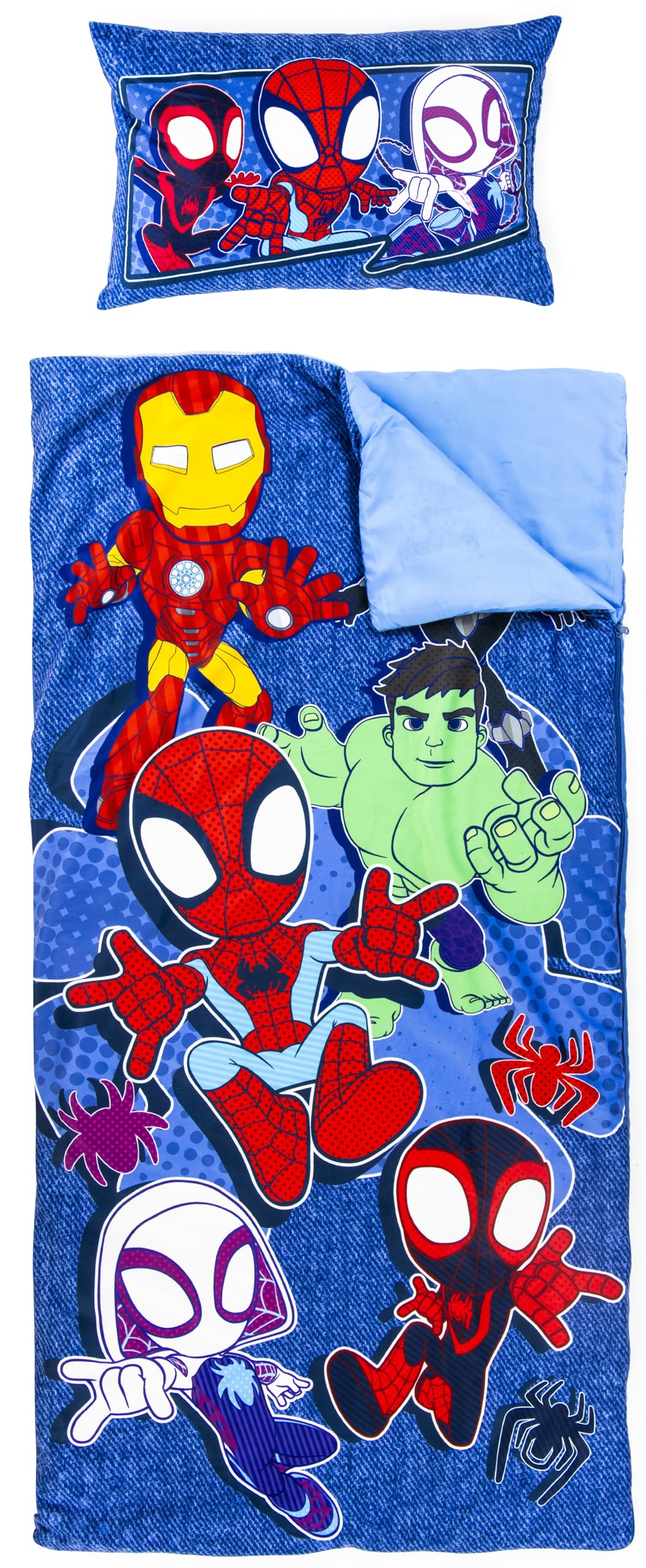 Set de 2 con Almohada y Manta de superhéroes Marvel, Suave Saco de Dormir Infantil con Bolsa y Almohada, para Fiestas de Pijamas, Viajes y acampadas