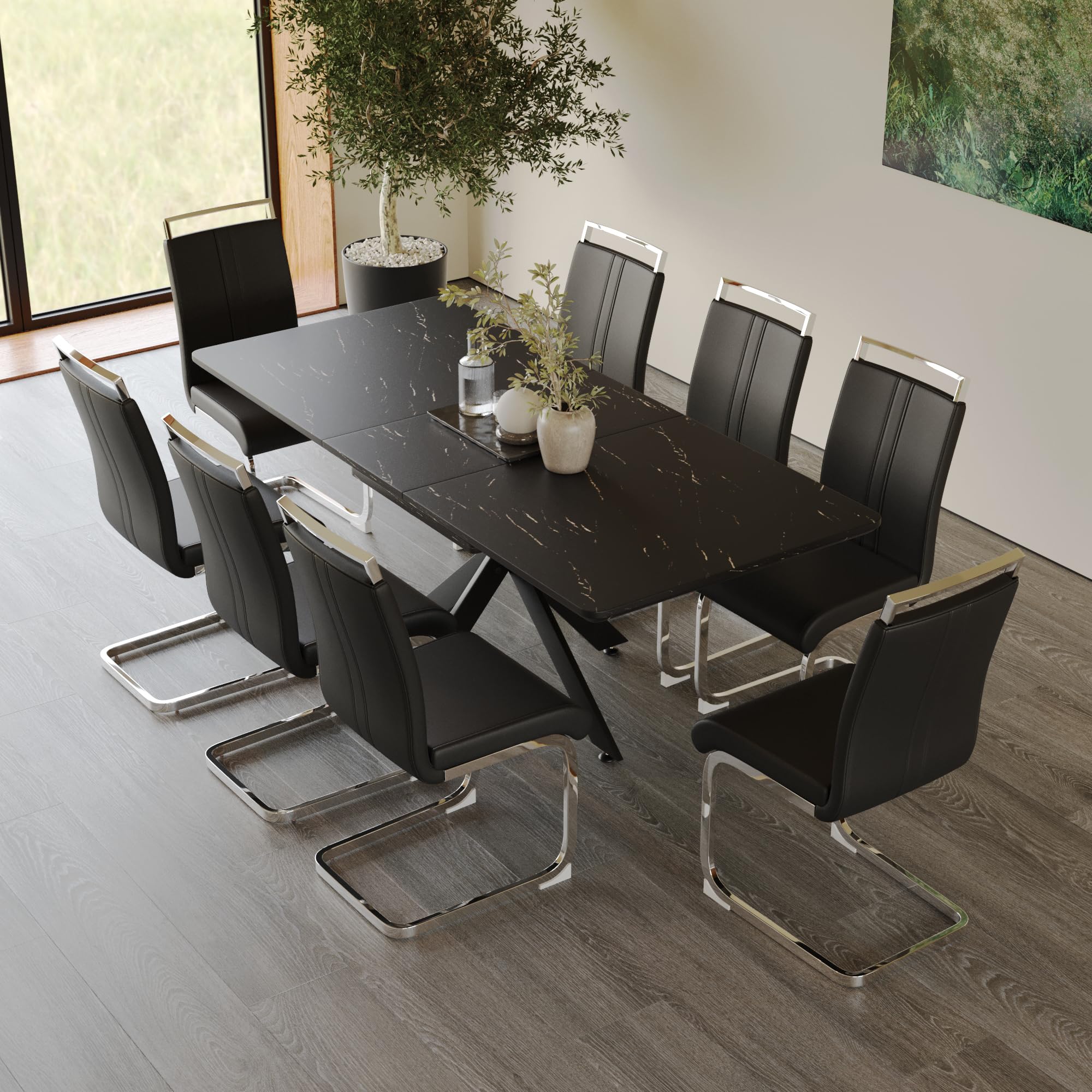 Hilknen Modern Dining Table Set for 8, Expandable Kitchen Dining Table Set, Faux Marble Dining Room Table Set, 6-10 People Dining Table Set with Metal