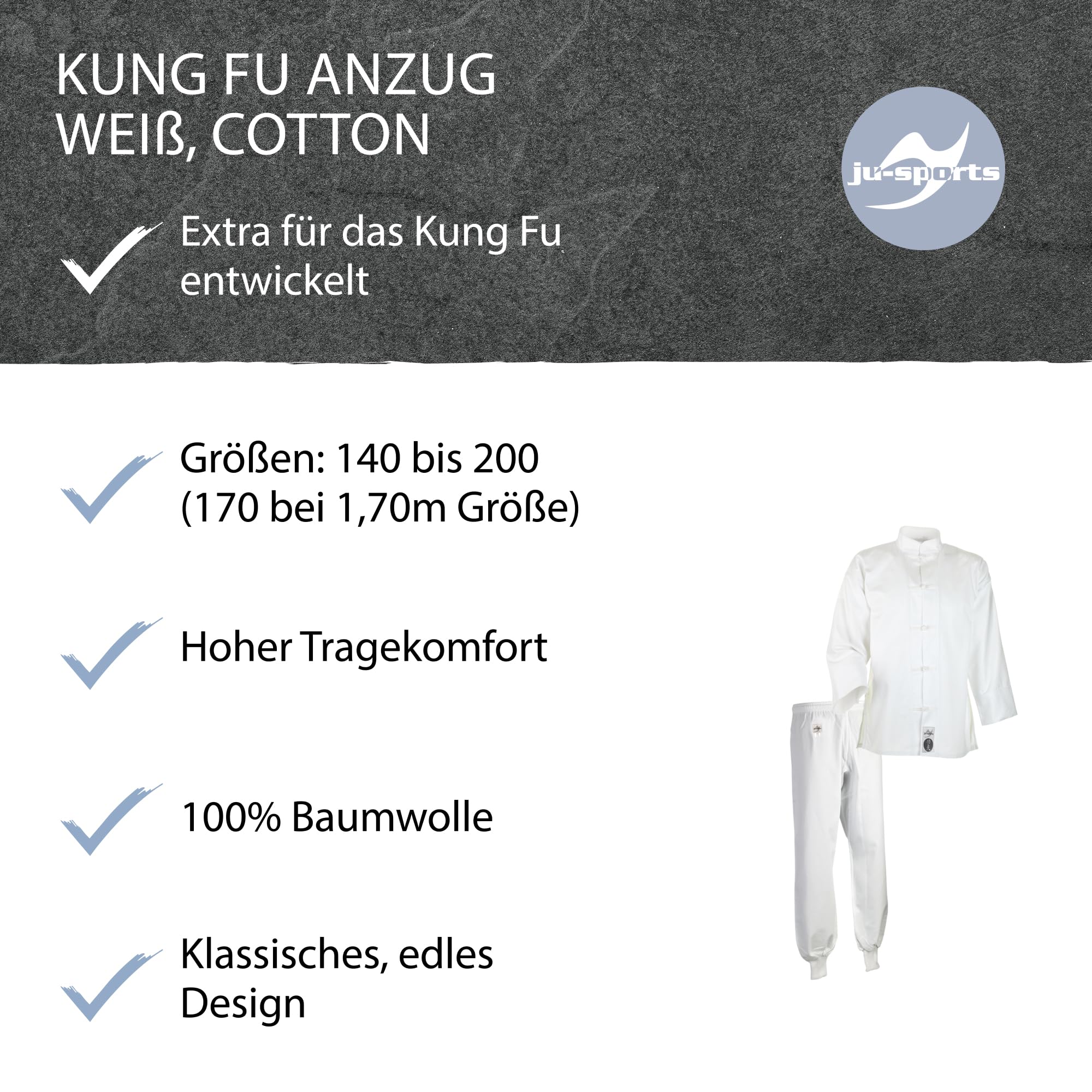 Ju-Sports Kung Fu Anzug Weiß, Cotton I Solider Kampfanzug im klassischen Schnitt I Mit Kordelknöpfen & Bündchenhose mit Elasikbund I 100% Baumwolle